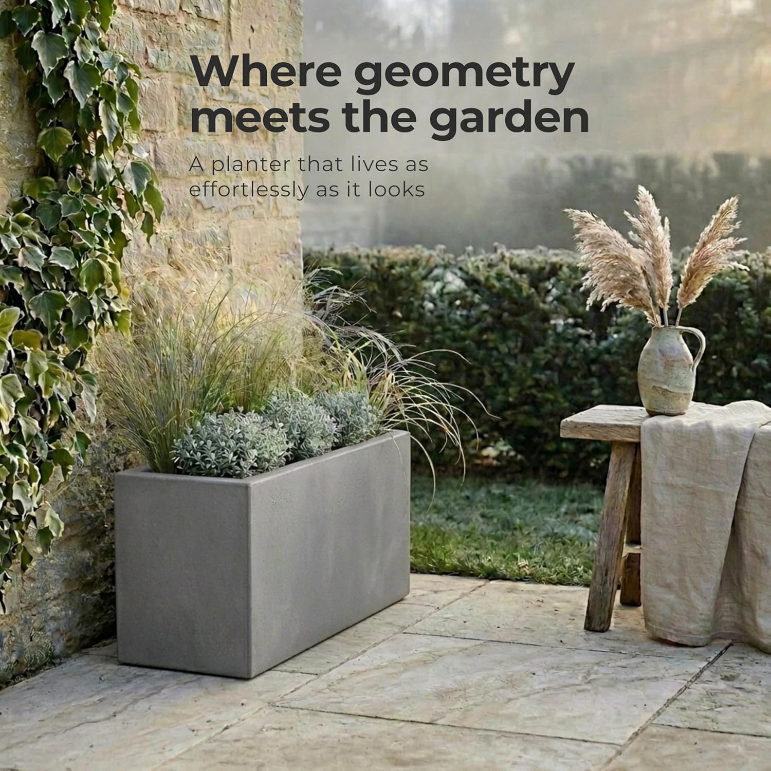 65cm Trough Planter Grey Stone Effect Garden Pot Rectangular
