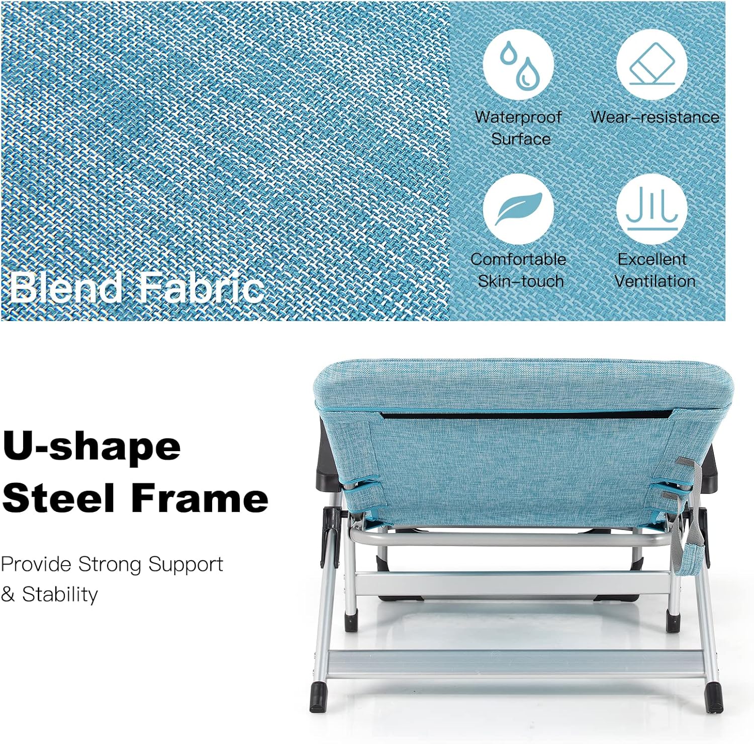 Folding Sun Lounger 7 Position Reclining Chair Cup Holder Blue