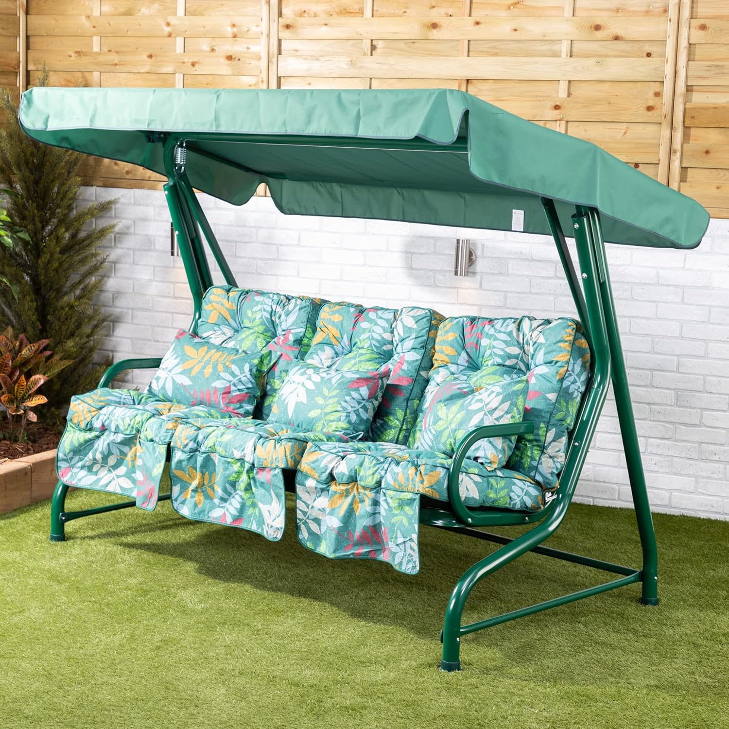 3 Seater Garden Swing Seat Green Leaf Canopy Cushions 250kg