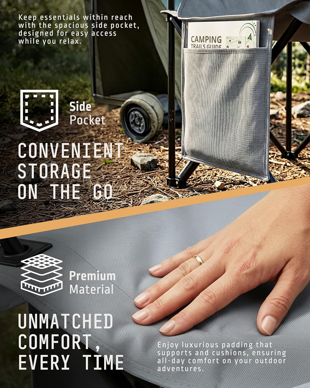 Folding Camping Chair 2 Pack Pocket Cup Holder Dark Grey