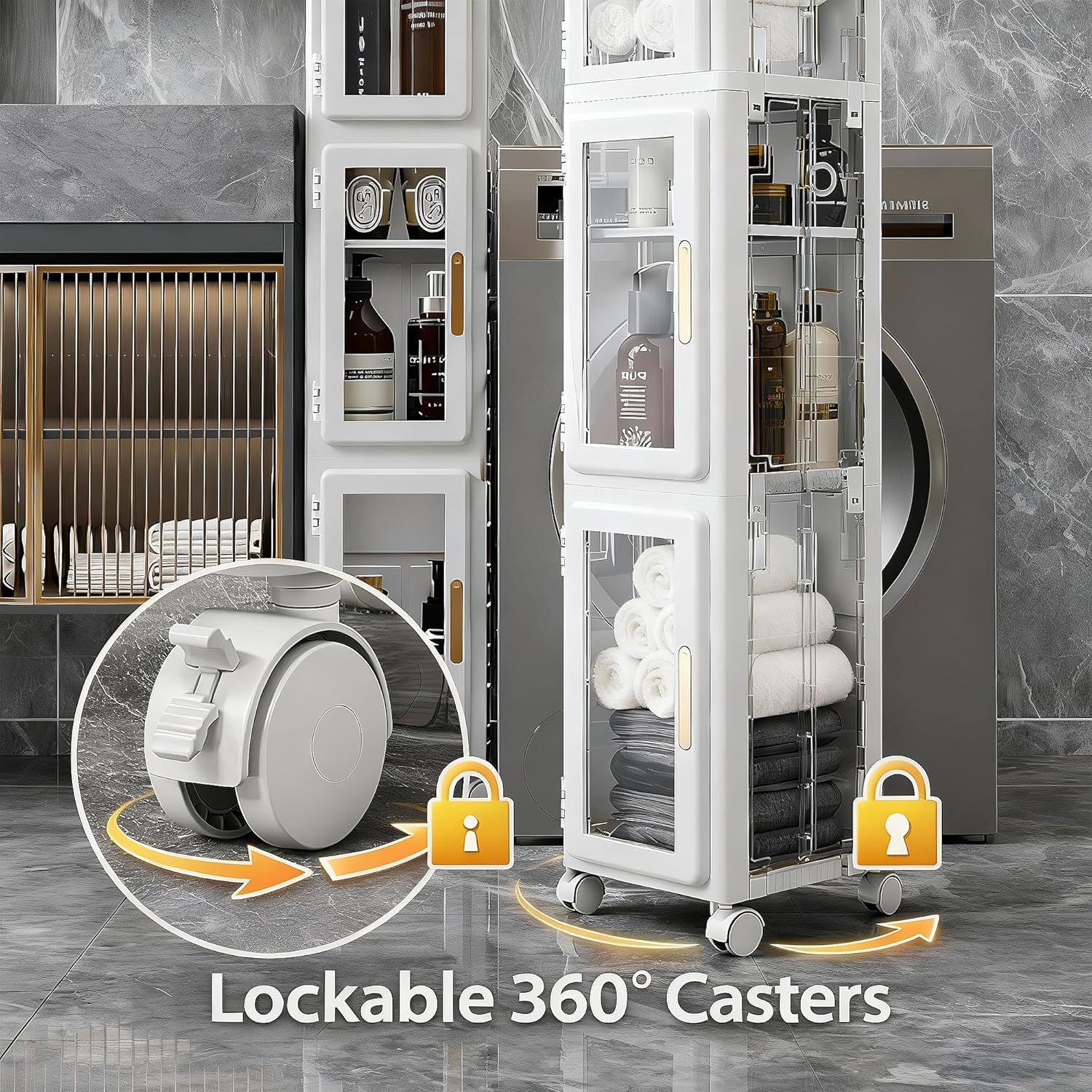 4 Tier Slim Plastic Storage Cabinet Clear Wheels Adjustable Shelf