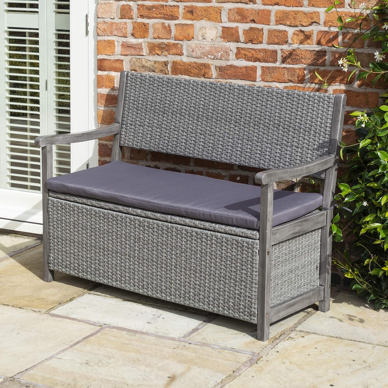 Rattan Garden Storage Bench 2 Seater Grey Patio Seat Box