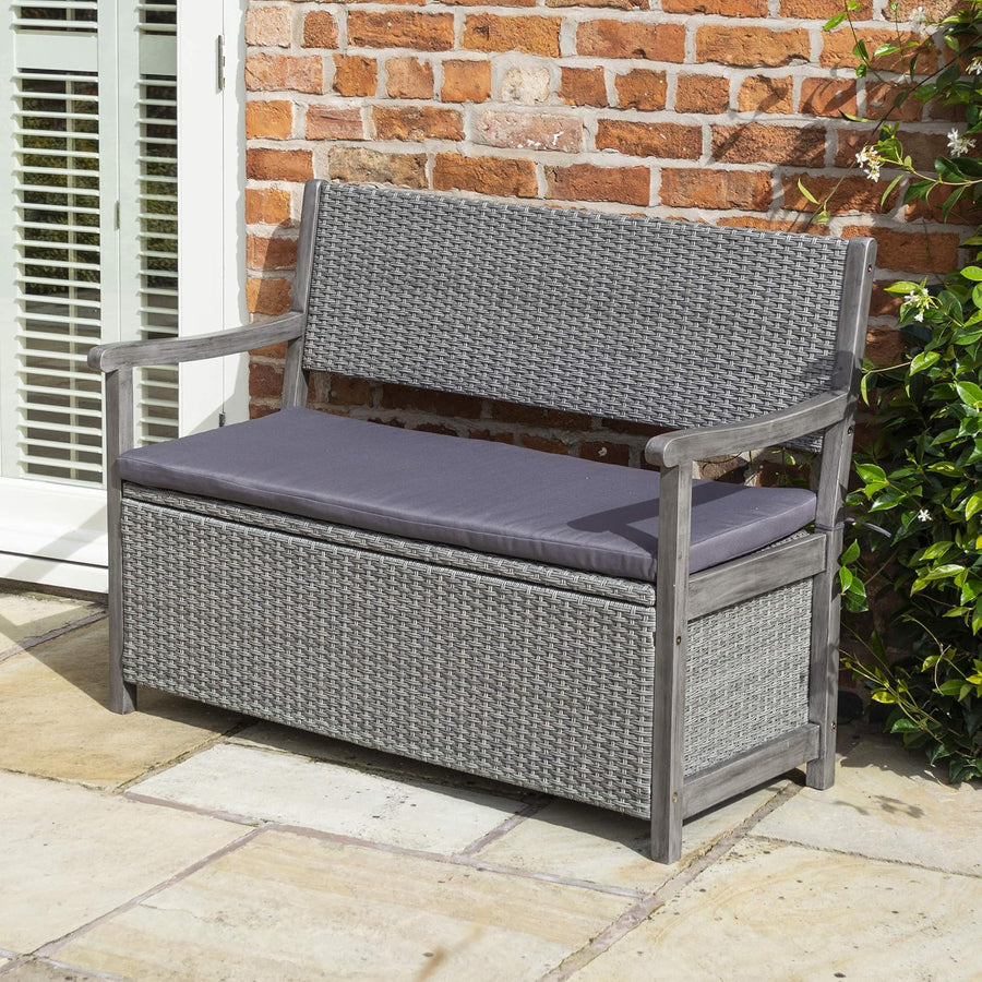 Rattan Garden Storage Bench 2 Seater Grey Patio Seat Box