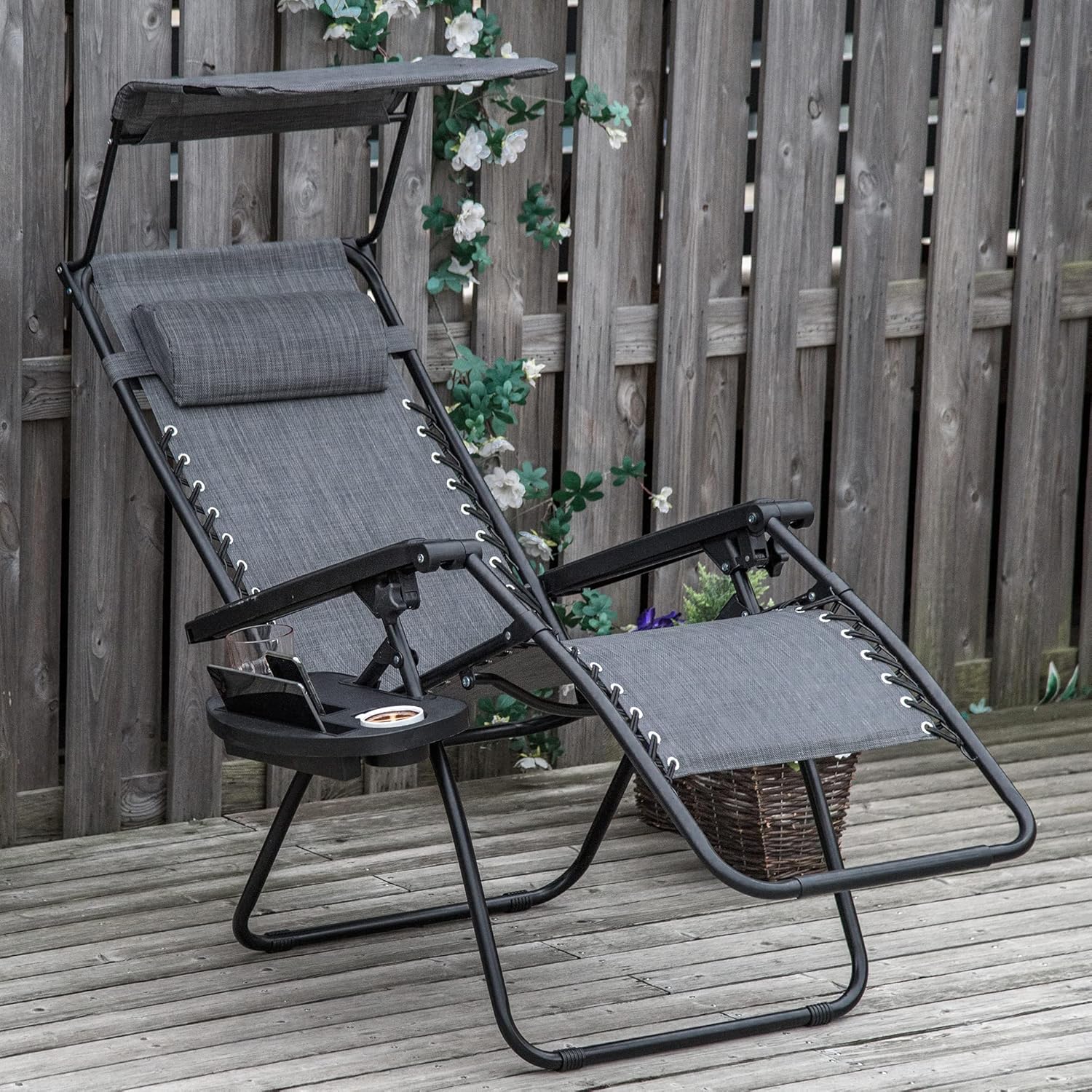 Zero Gravity Reclining Garden Chair with Canopy Cup Holder Grey