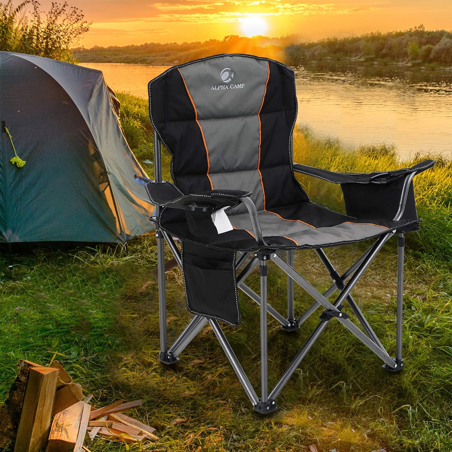 Heavy Duty Folding Camping Chair 200kg Padded Cooler Black