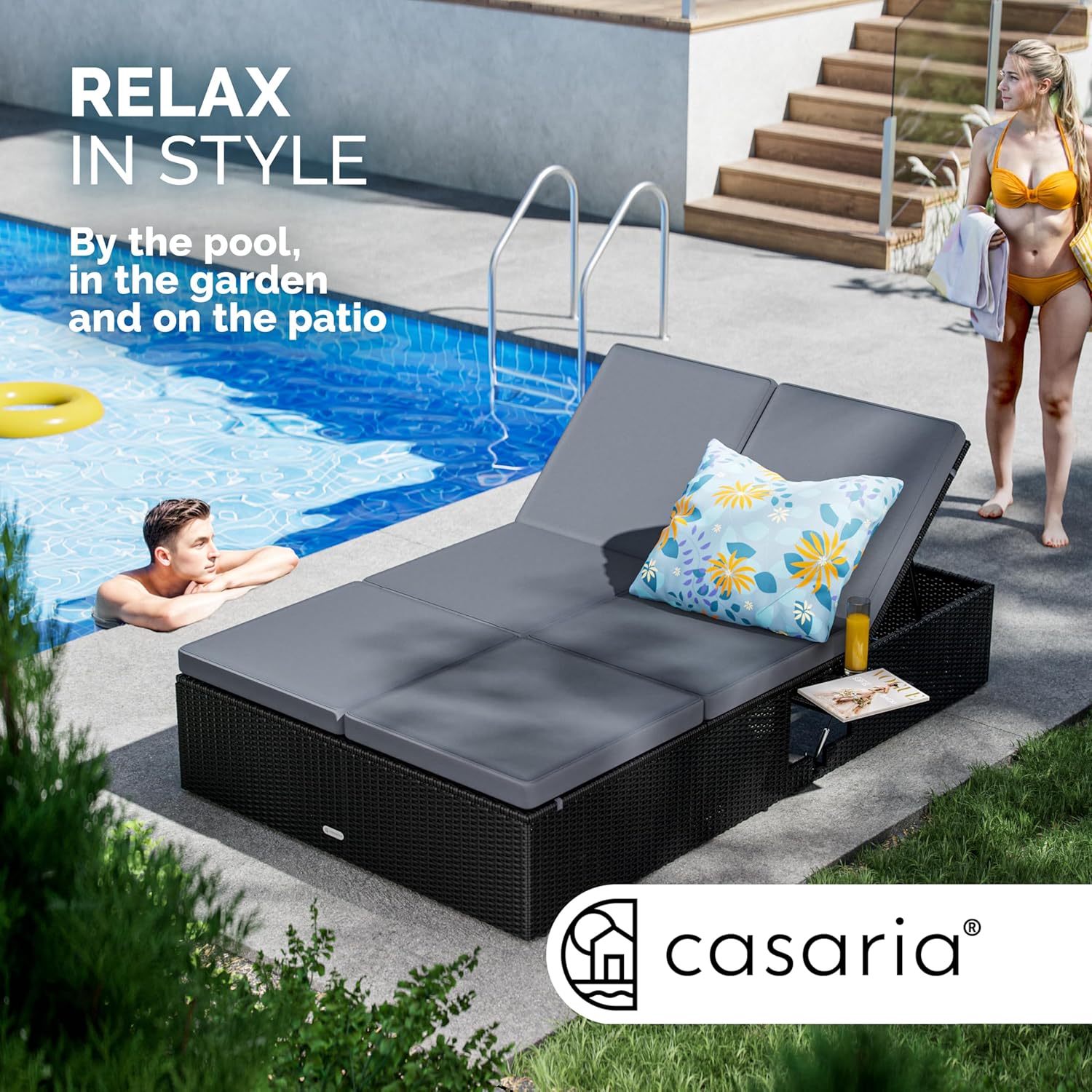 Double Sun Lounger 7 Position Poly Rattan Recliner Black 200x115cm