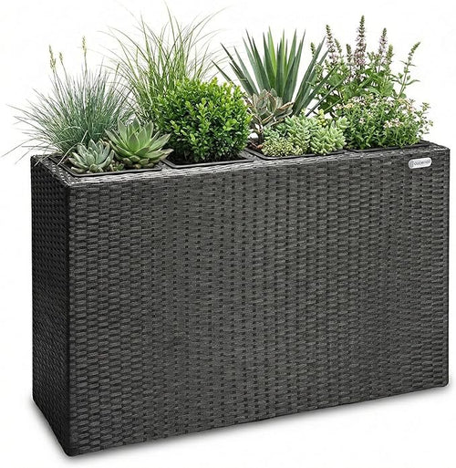Large Tall Rattan Planter Box 95cm Black with 4 Pots