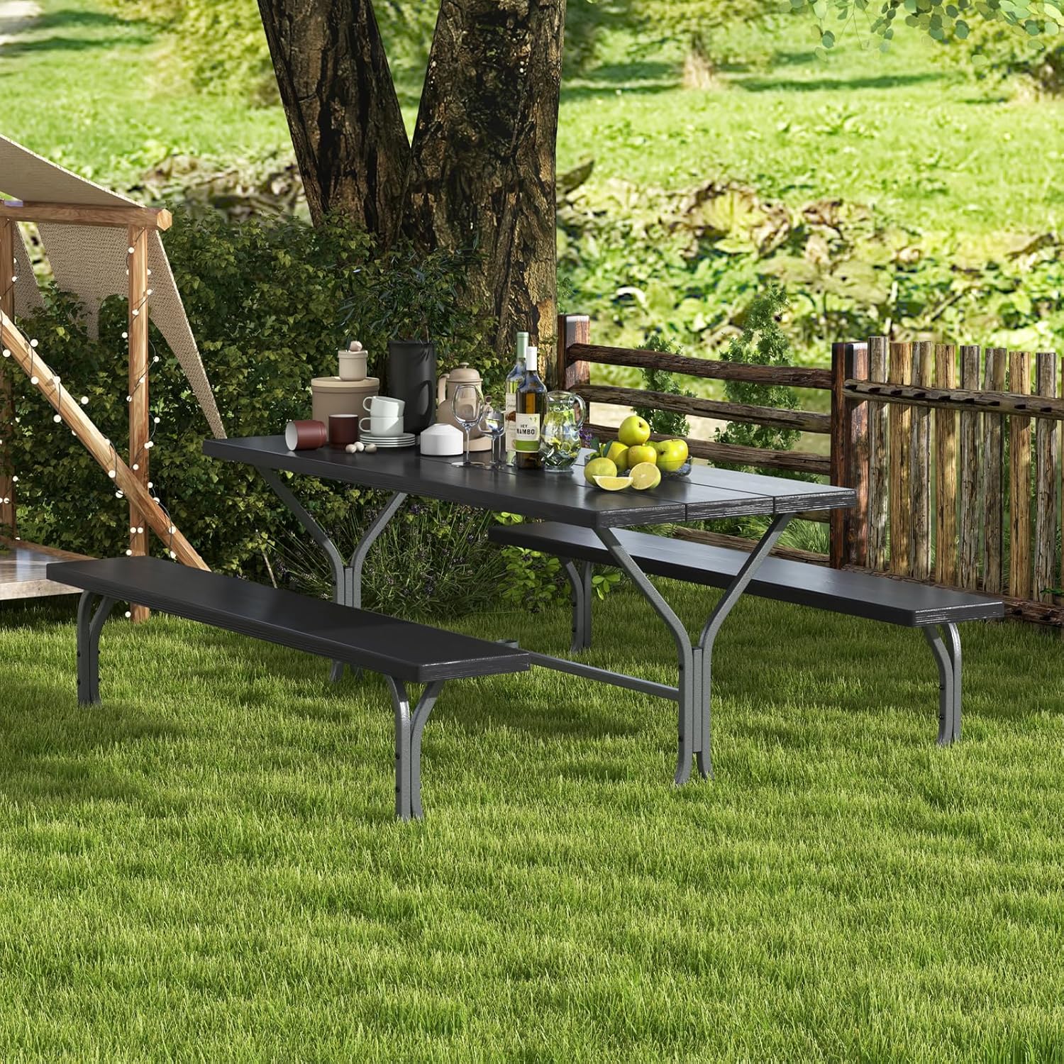 8 Seater Outdoor Picnic Table Bench Set w/Umbrella Hole Patio