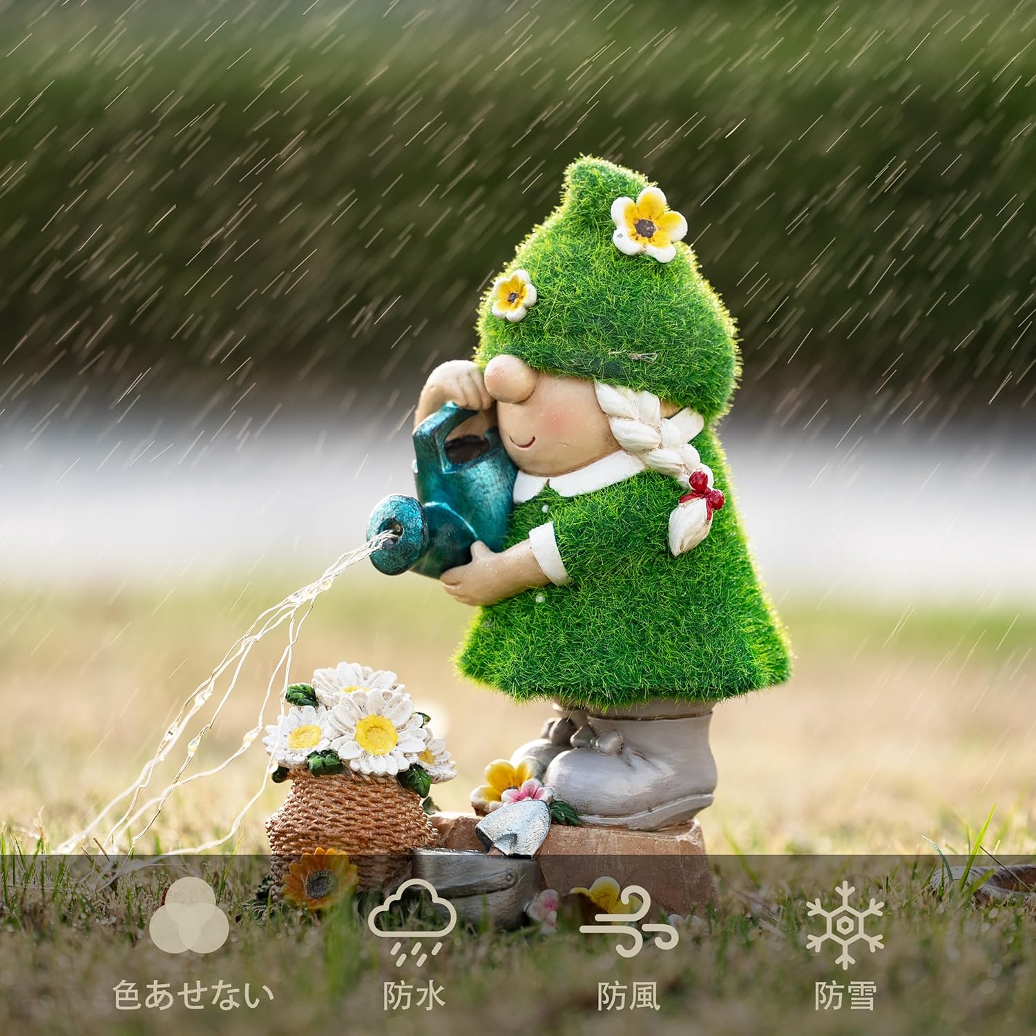 Solar Garden Gnome Watering Statue LED Outdoor Decor Resin