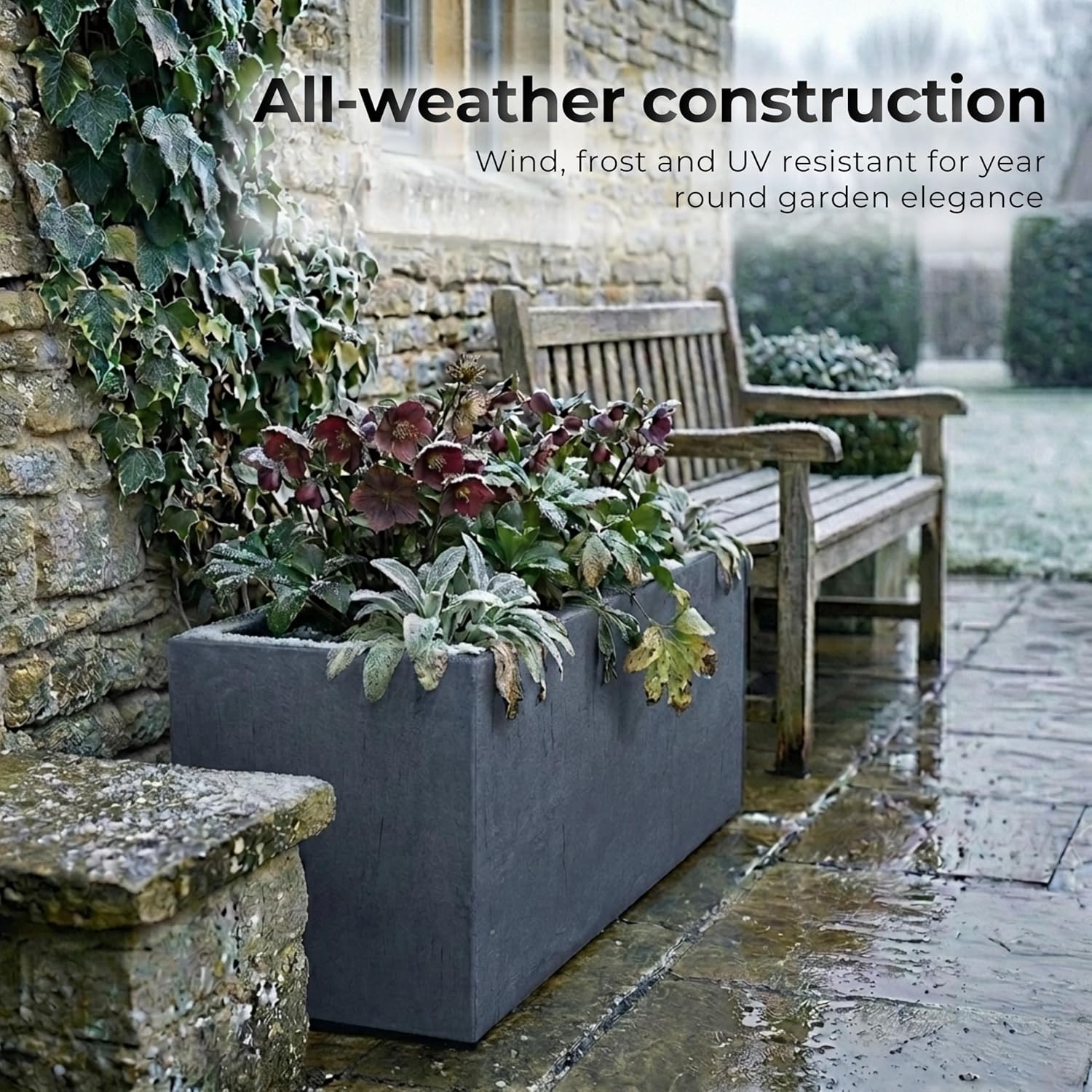 85cm Large Trough Planters Set 2 Dark Grey Stone Effect Pots