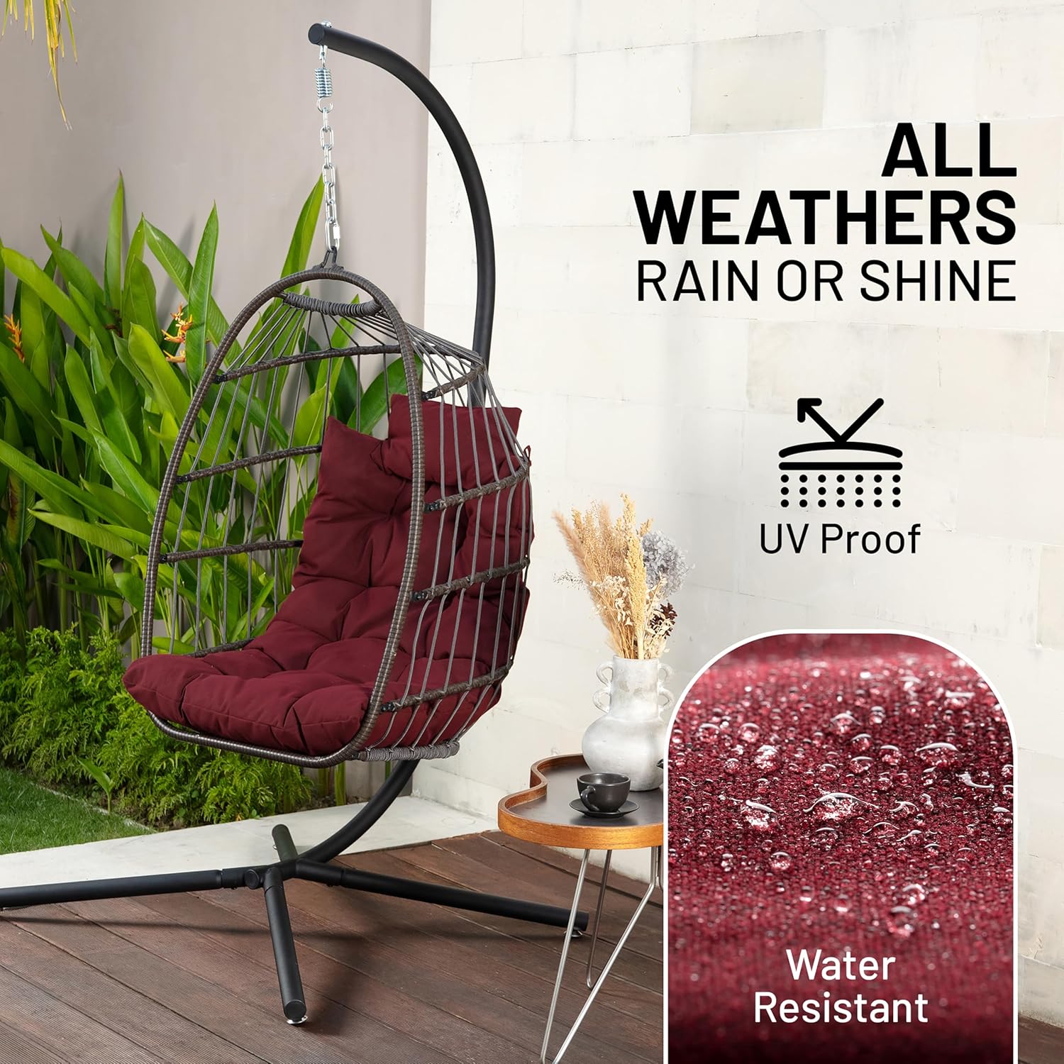 Foldable Rattan Egg Chair with Stand Cushion Red