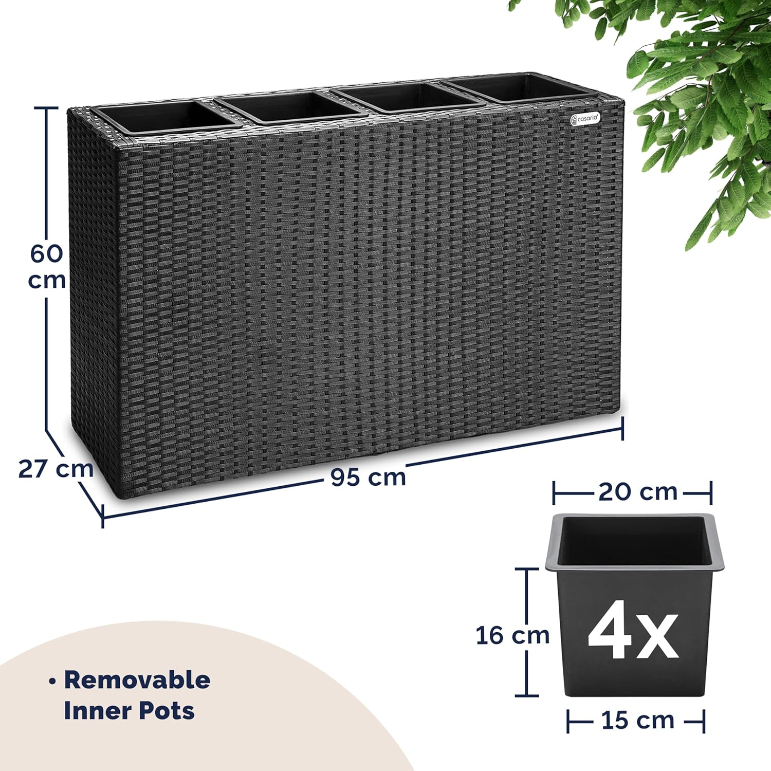 Large Tall Rattan Planter Box 95cm Black with 4 Pots