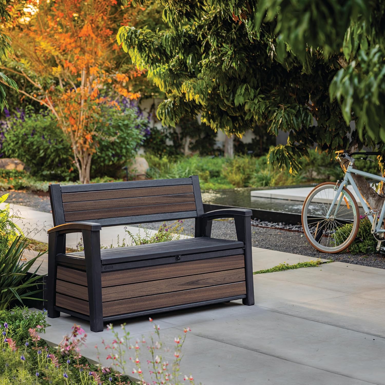 227L Outdoor Garden Storage Bench Wood Look Resin Patio Seat