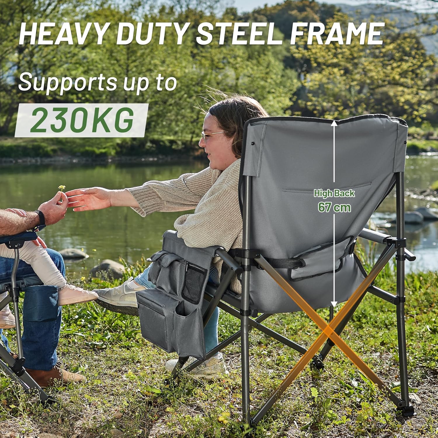 Heavy Duty Camping Chair with Lumbar Support Cooler Pocket Grey