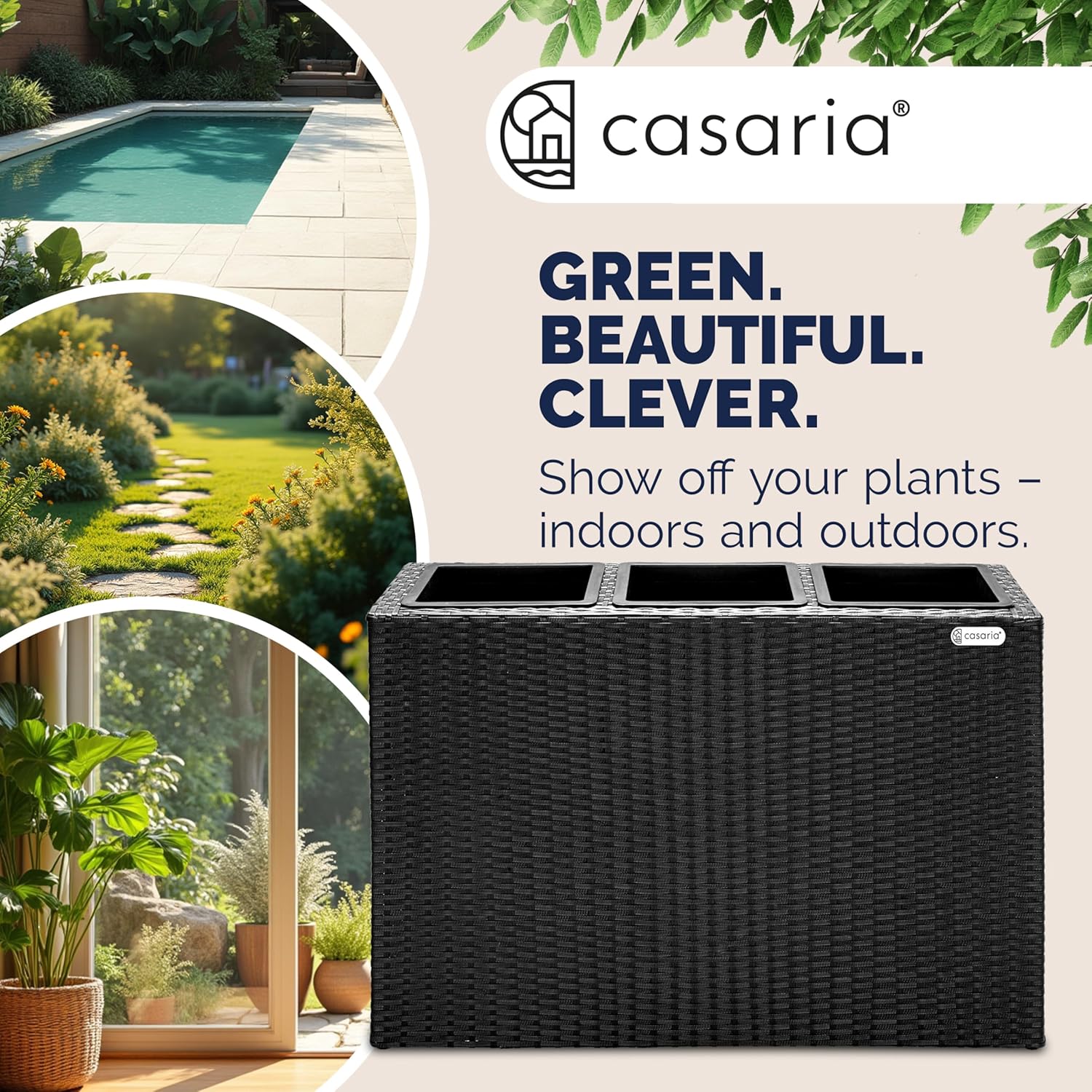 Tall Rattan Planter Box 83cm Black with 3 Pots