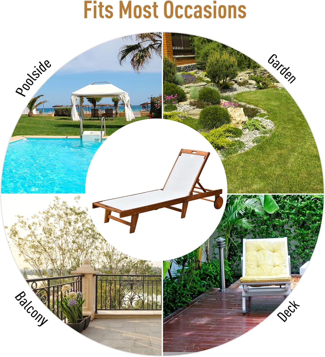 Acacia Wood Sun Lounger Adjustable Garden Recliner with Wheels