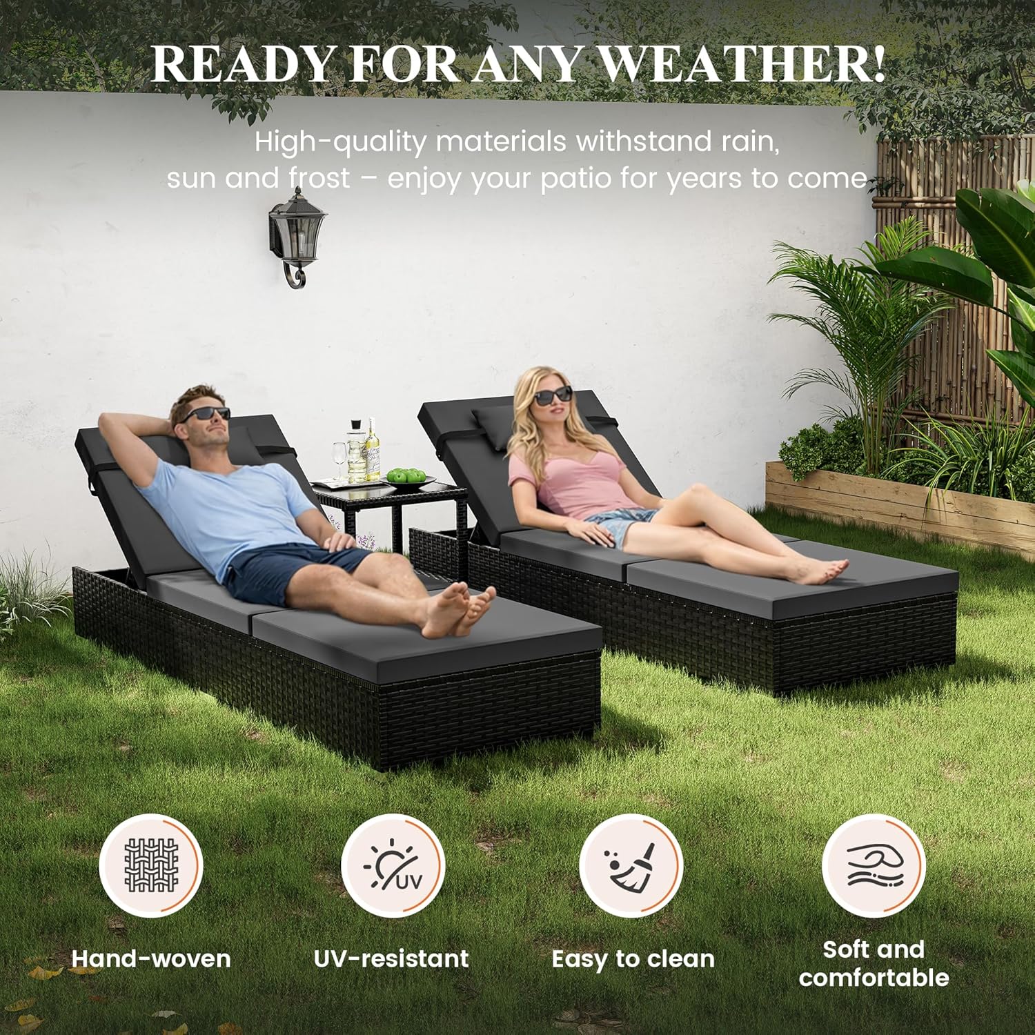 3 Piece Rattan Sun Lounger Set with Table Black Grey