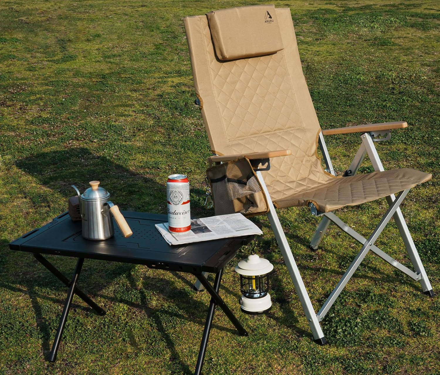 High Back Reclining Camping Chair 4 Position Khaki