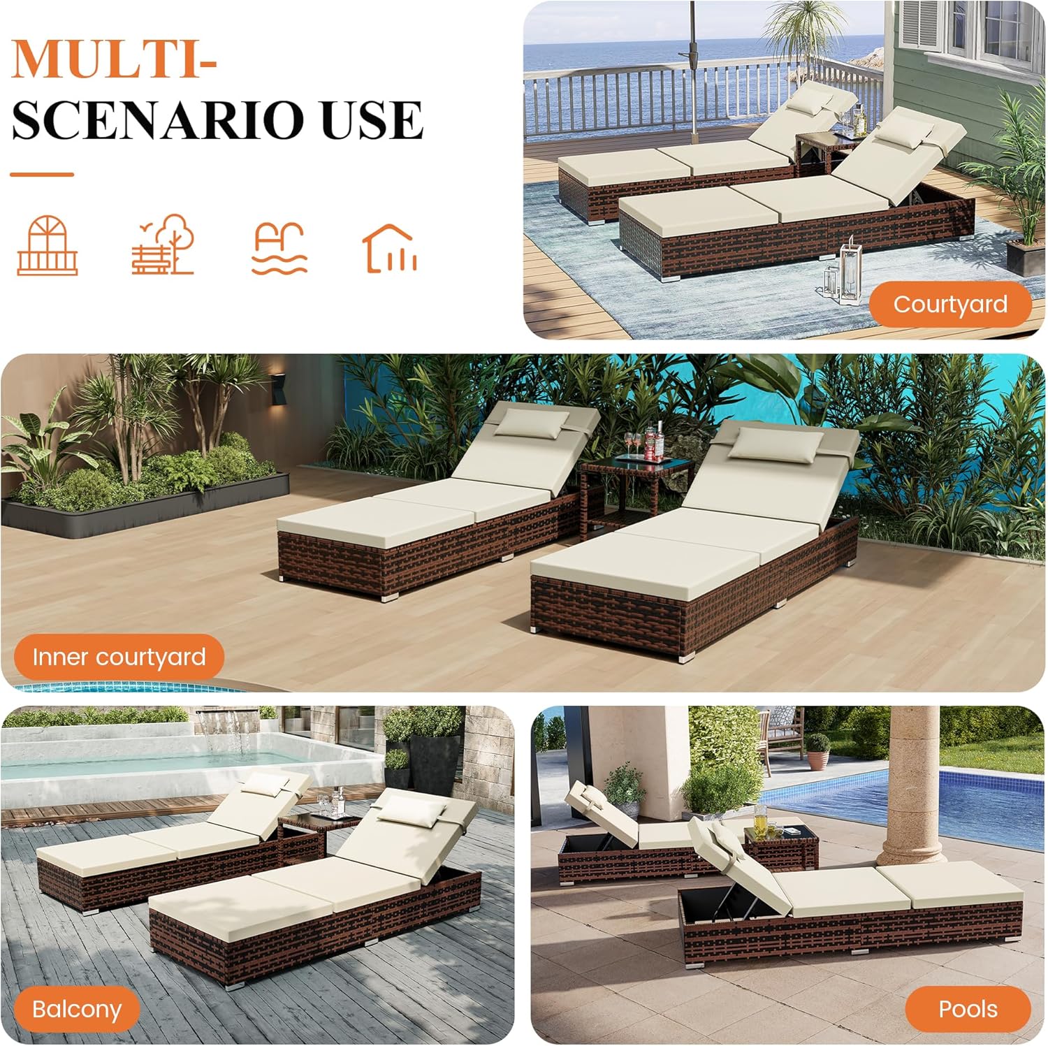 3 Piece Rattan Sun Lounger Set with Table Cushions Brown