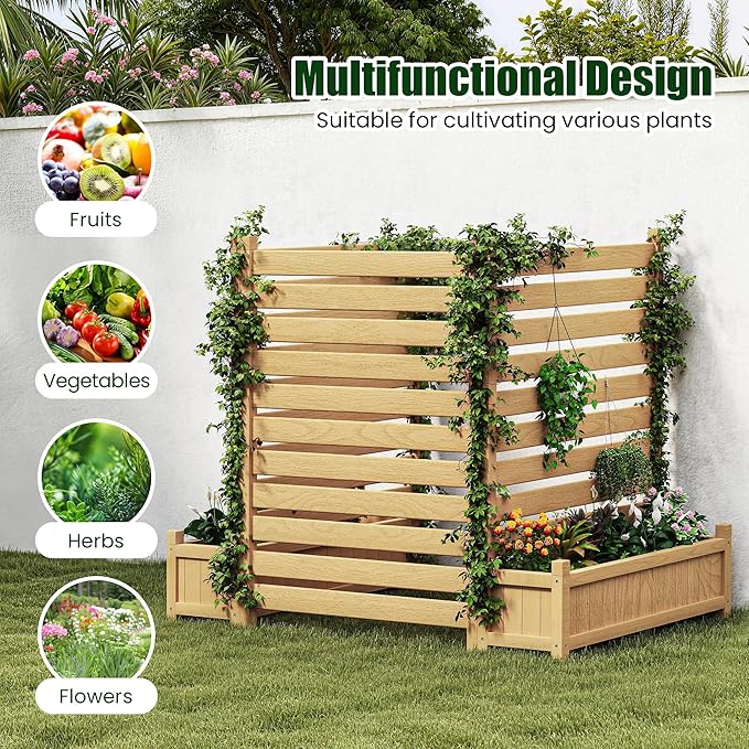 3 Piece Wooden Planter with Trellis Privacy Screen Set