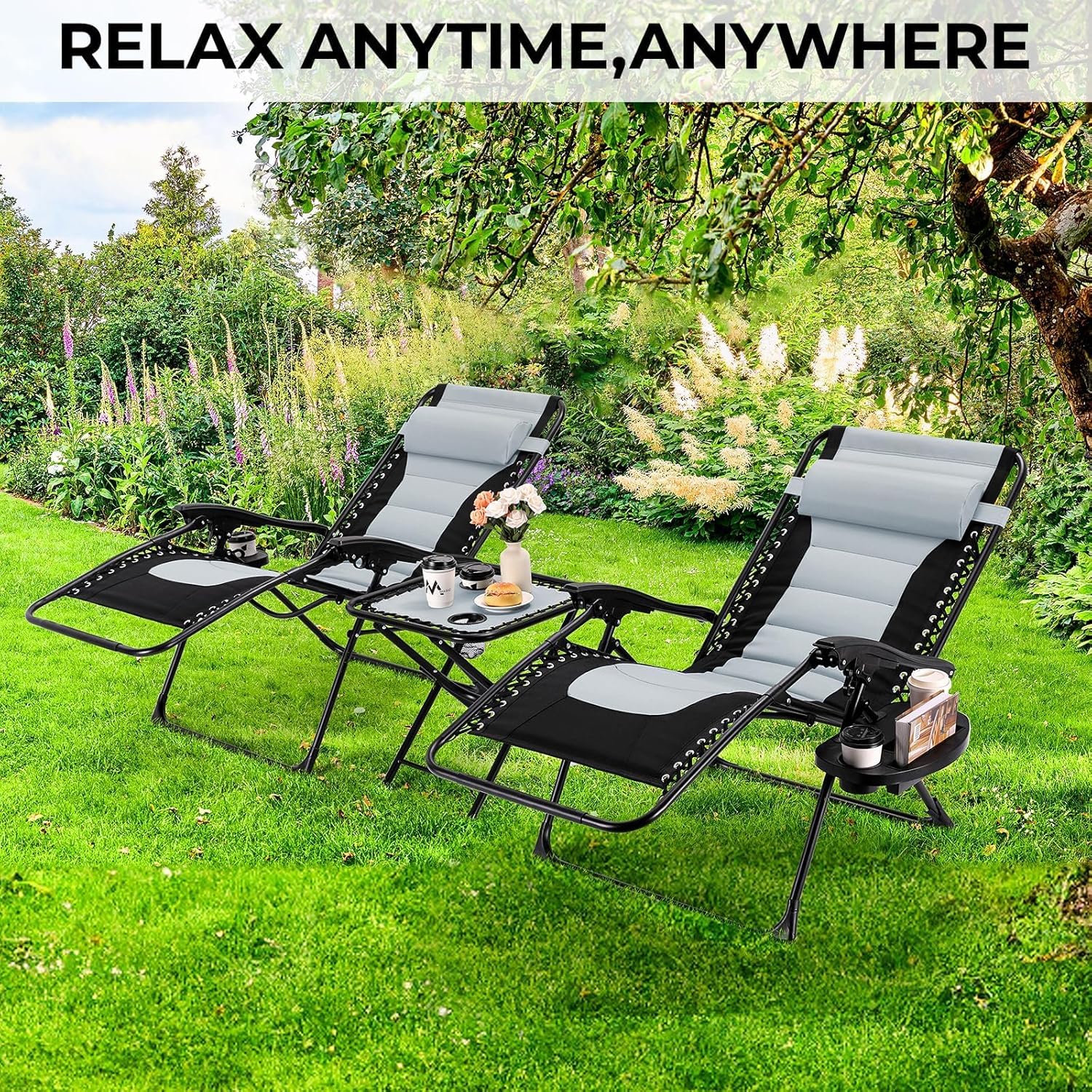 Set of 3 Zero Gravity Sun Loungers Grey with Table