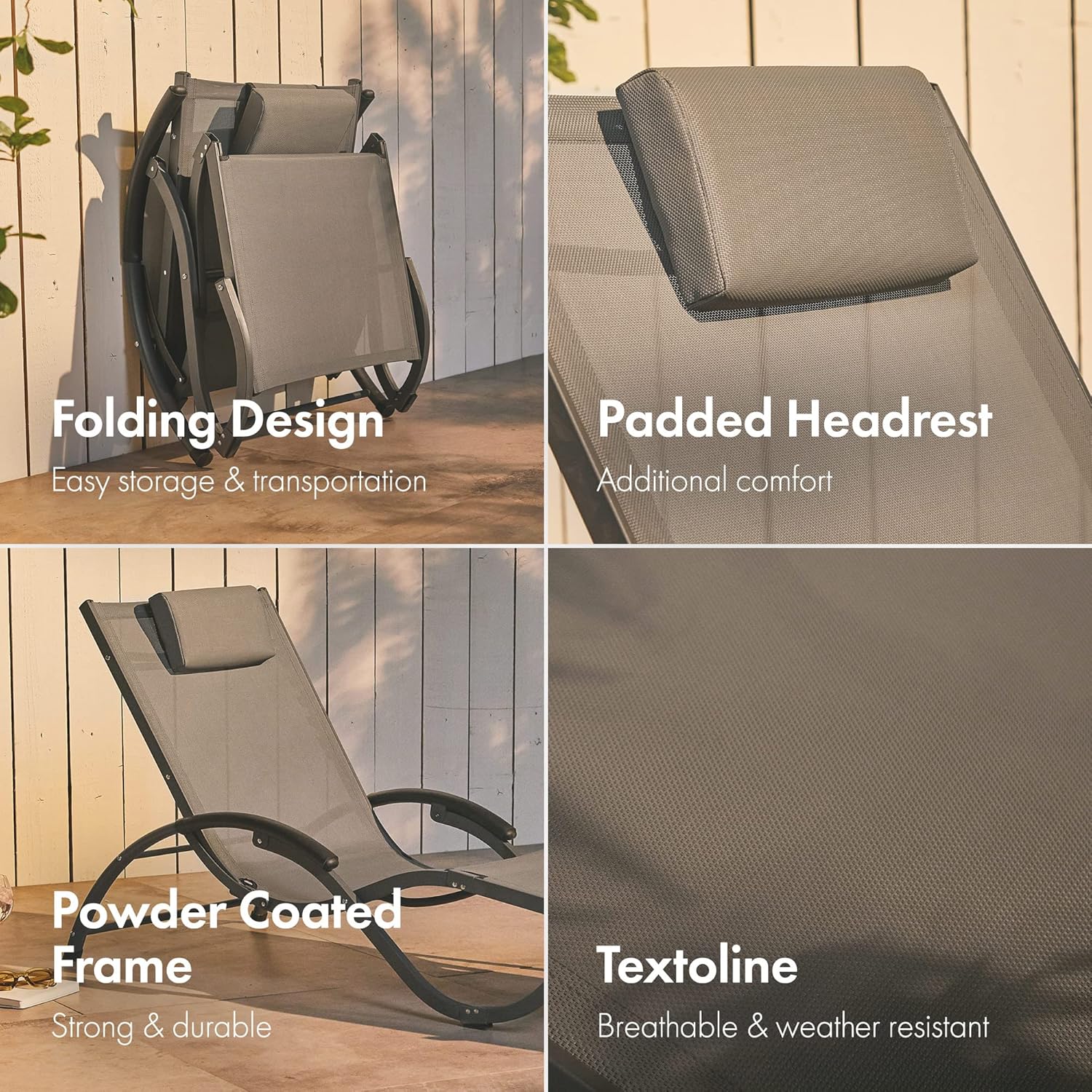Folding Sun Lounger Reclining Garden Chair Black Textoline