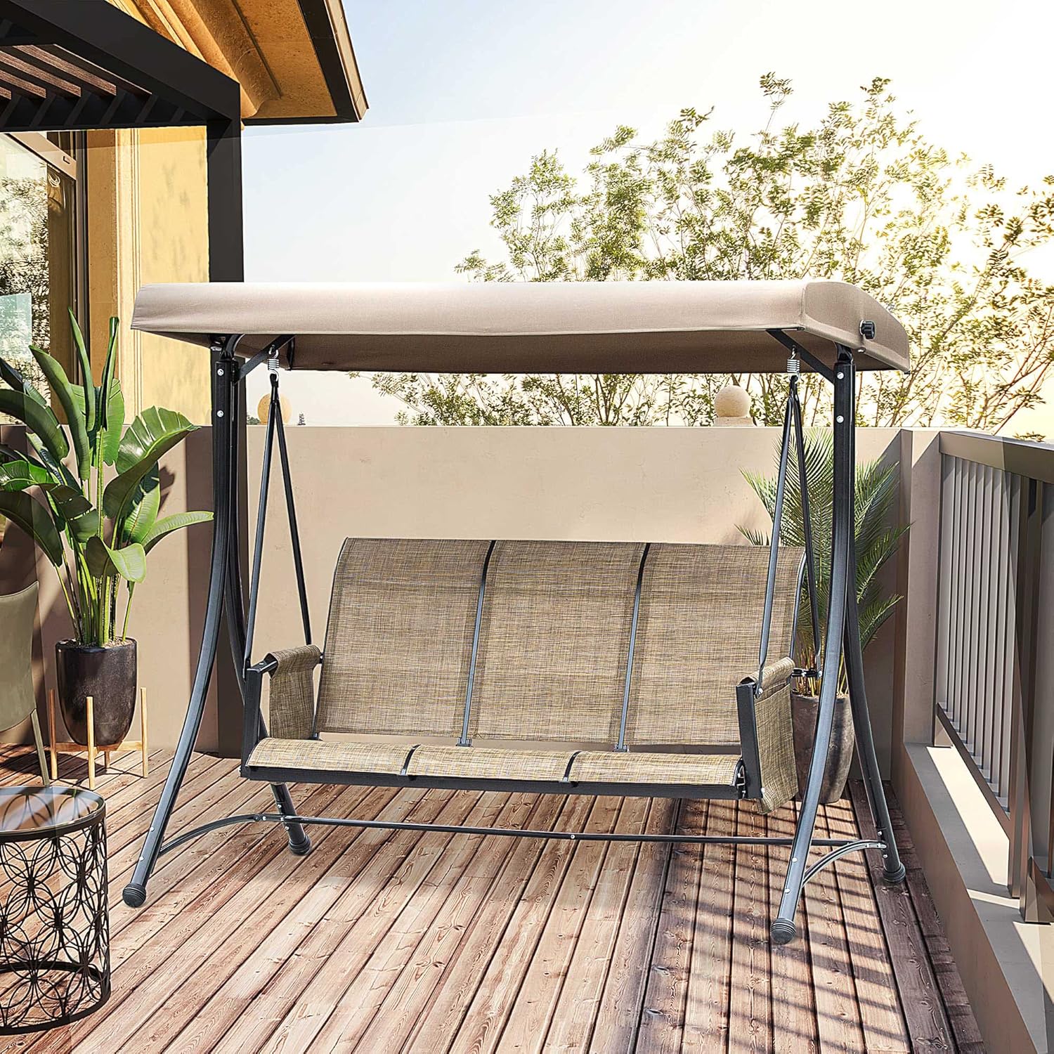 3 Seater Garden Swing Chair Canopy Side Pockets Brown