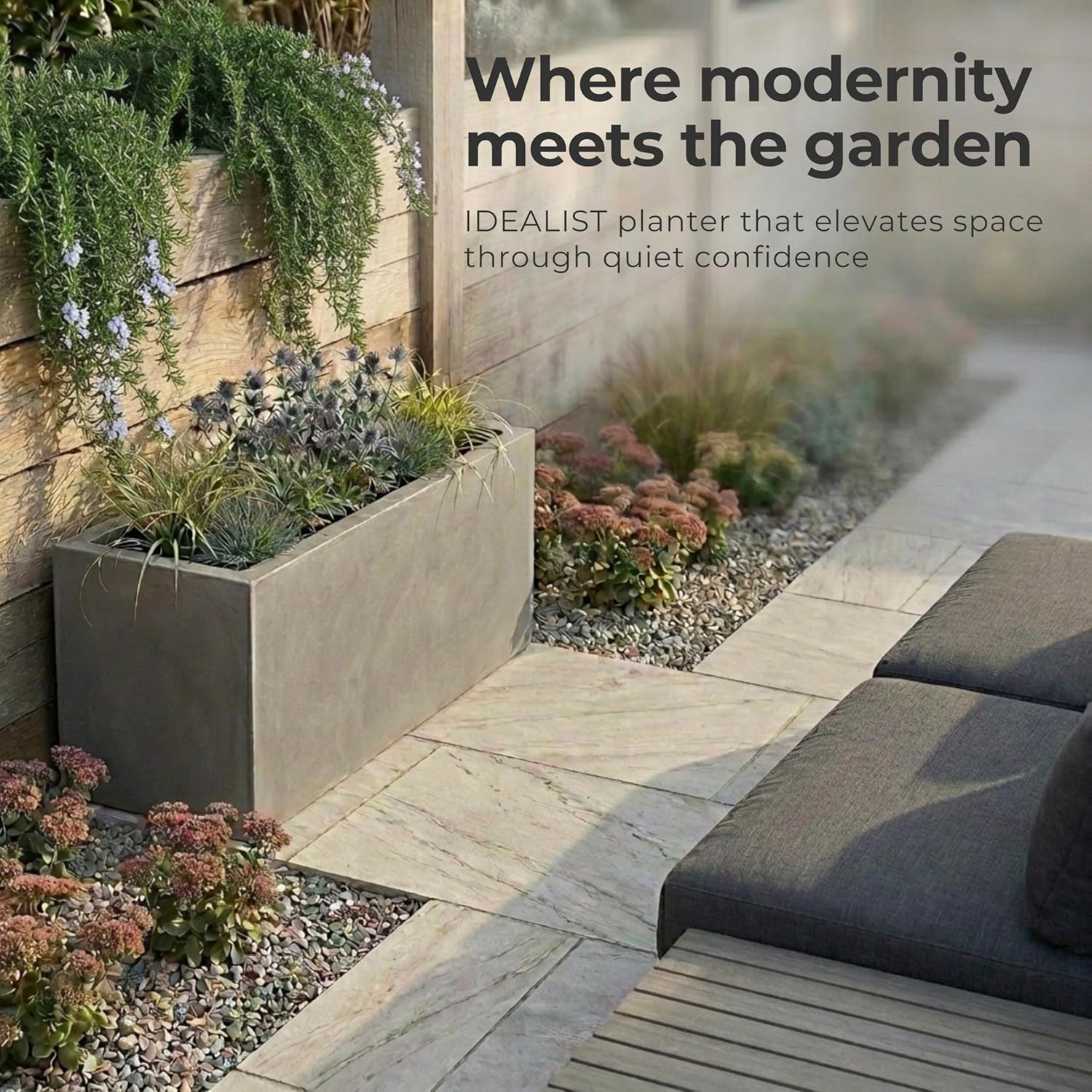65cm Trough Planter Grey Stone Effect Garden Pot Rectangular