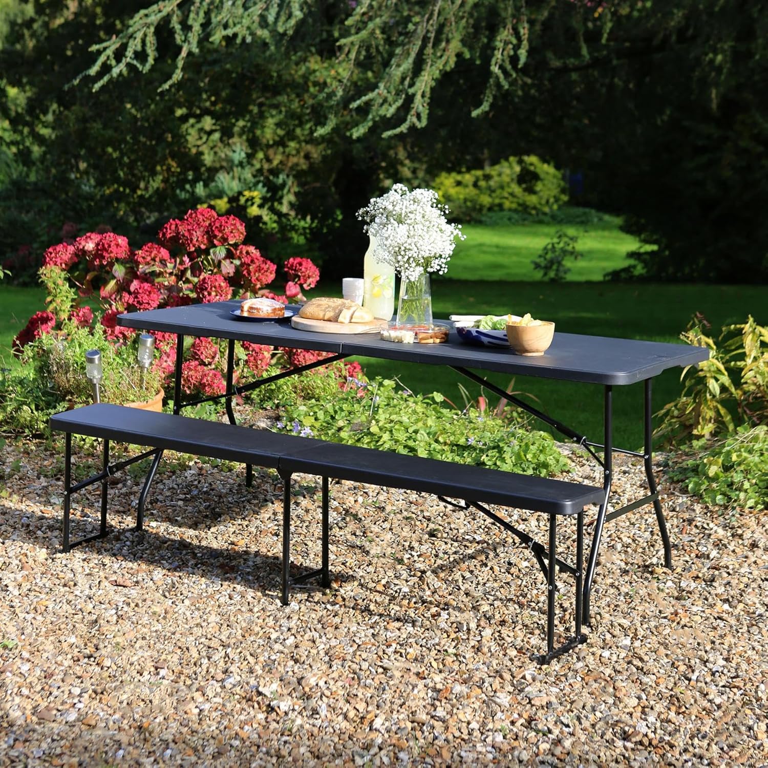 Set of 2 Folding Garden Benches 6ft Portable Party Seats Black