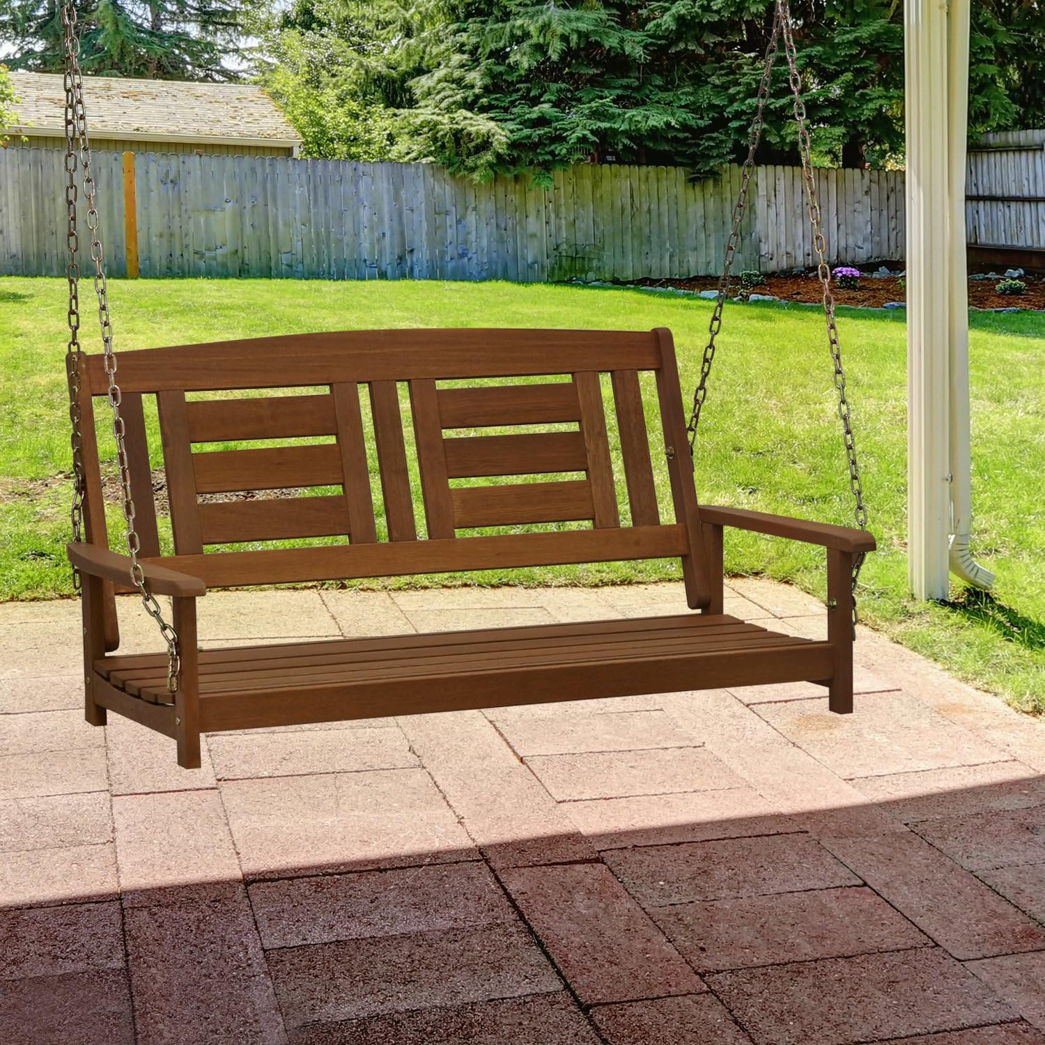 Wooden Porch Swing Bench with Chains Natural Patio Chair