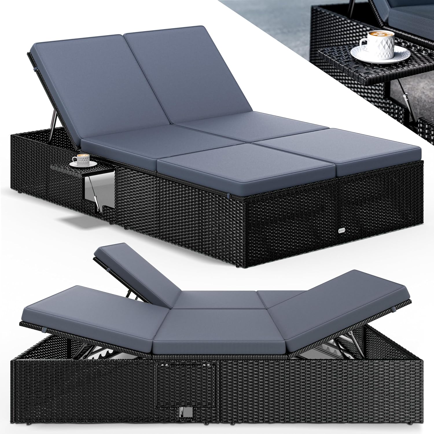 Double Sun Lounger 7 Position Poly Rattan Recliner Black 200x115cm