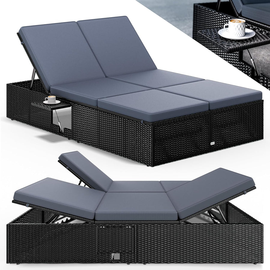 Double Sun Lounger 7 Position Poly Rattan Recliner Black 200x115cm