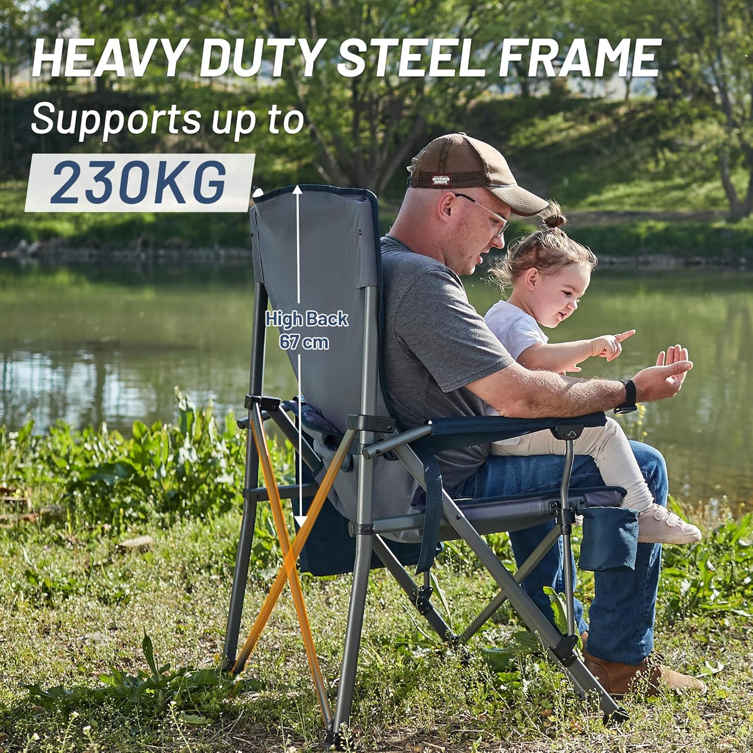 Heavy Duty Outdoor Chair with Lumbar Support Cooler Pocket Blue