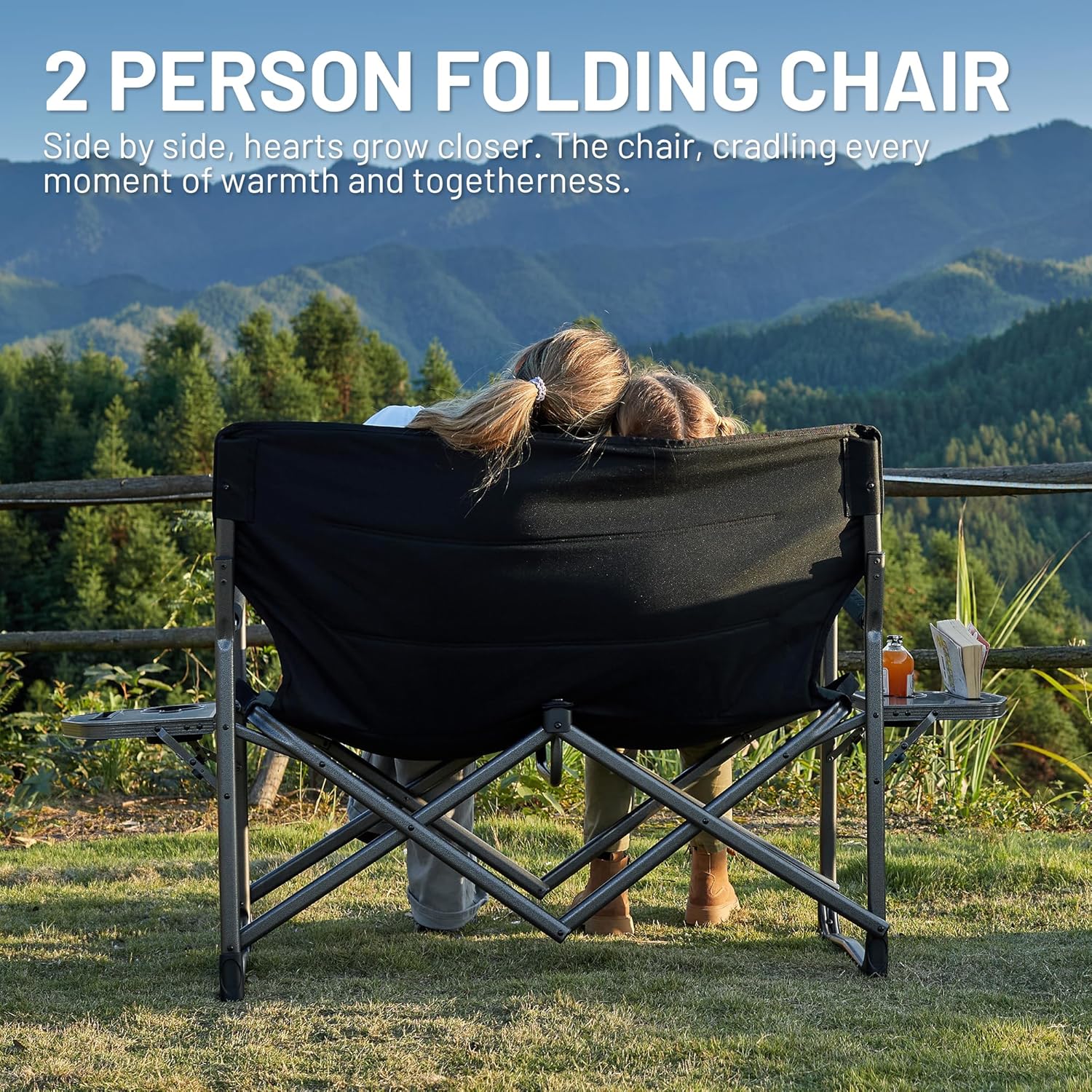Double Camping Chair 2 Seater Folding Love Seat 300KG Black