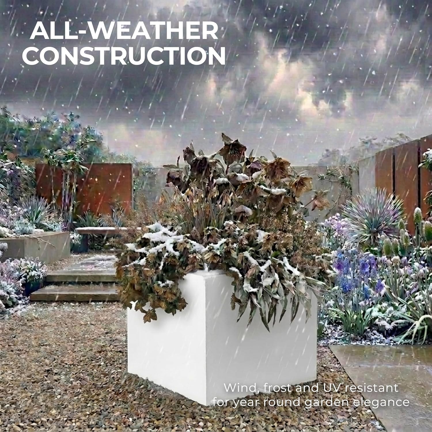 50cm Large Square Planter White Stone Effect Garden Tree Pot