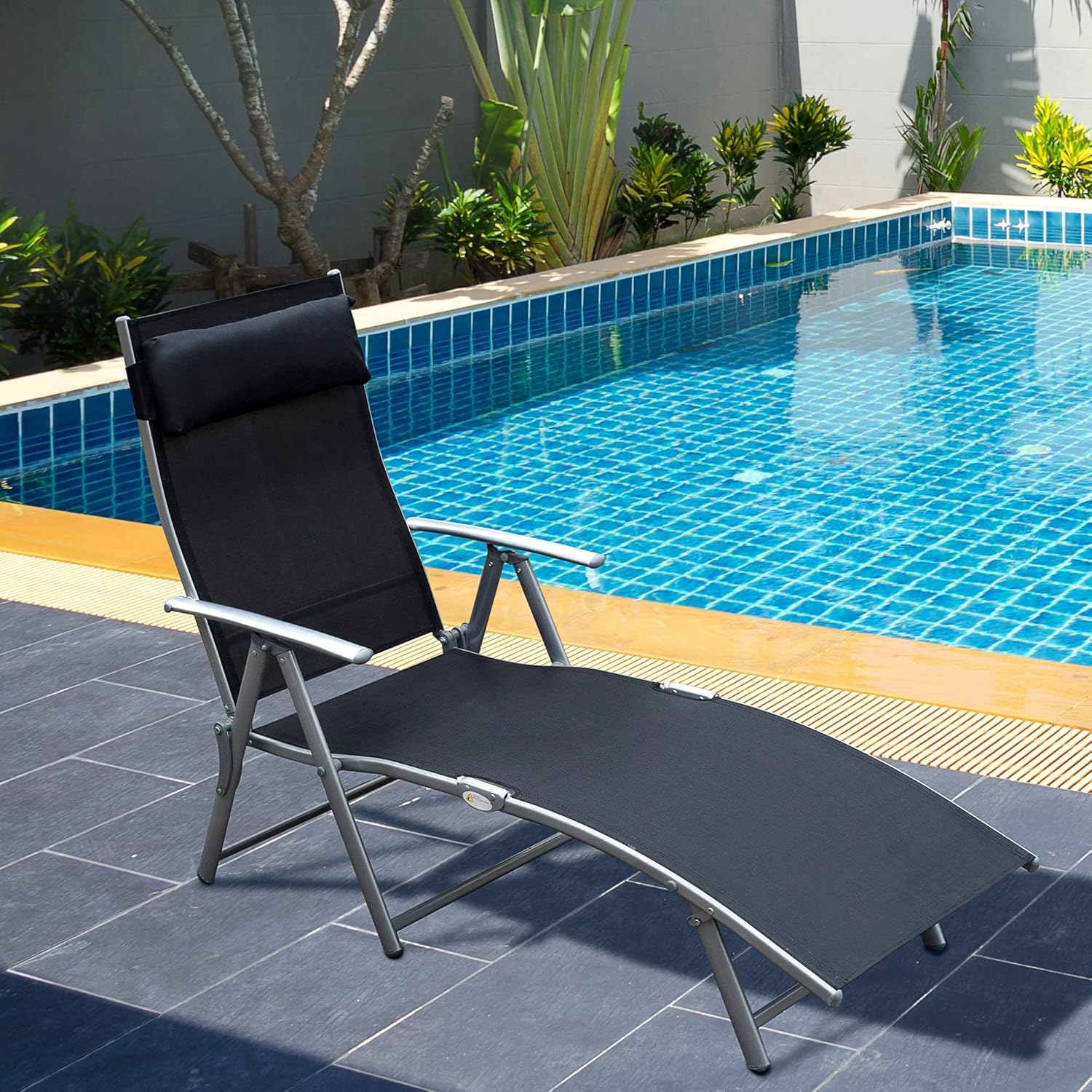 Heavy Duty Folding Sun Lounger 7 Level Recliner Black