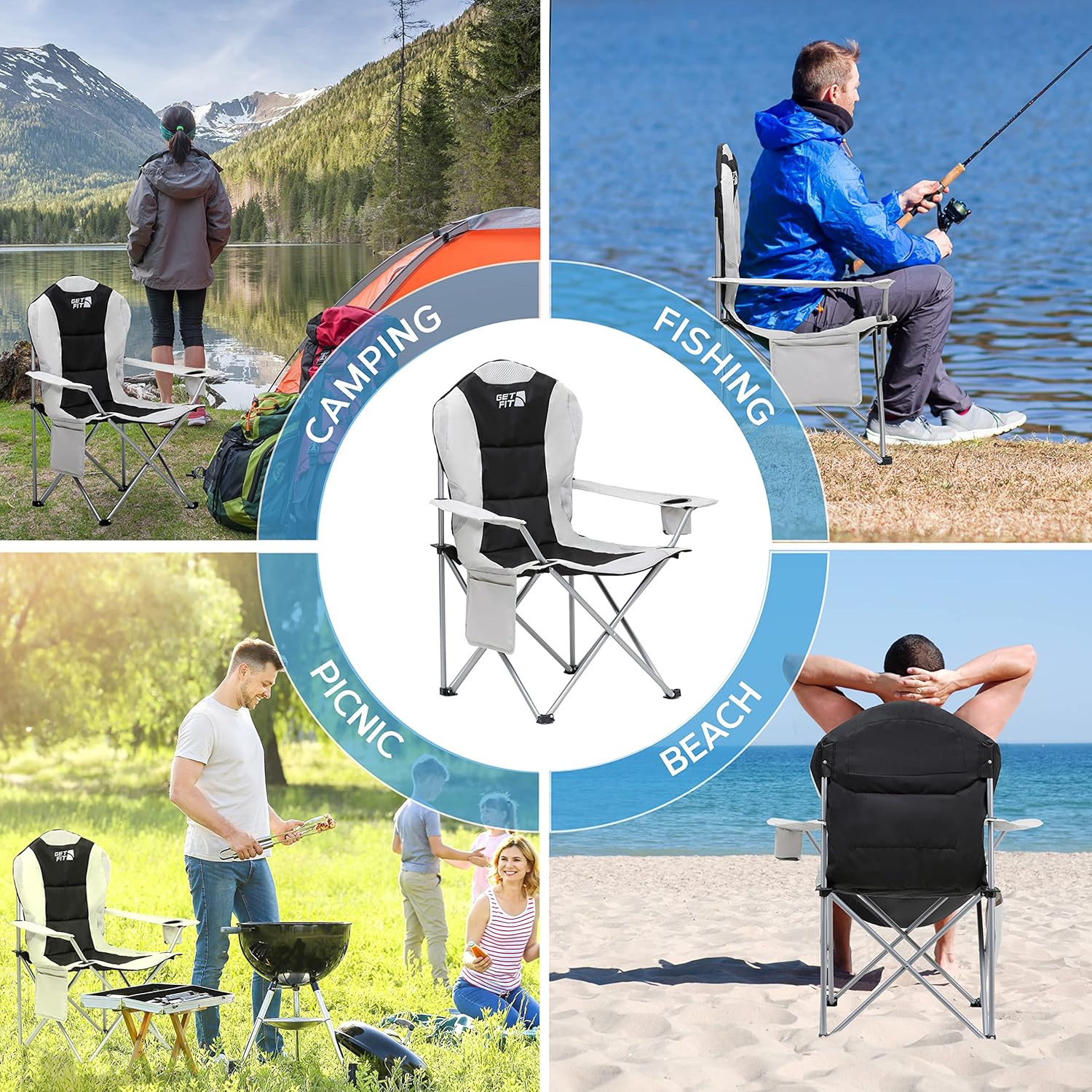 Set of 2 Padded Camping Chairs 130KG Grey