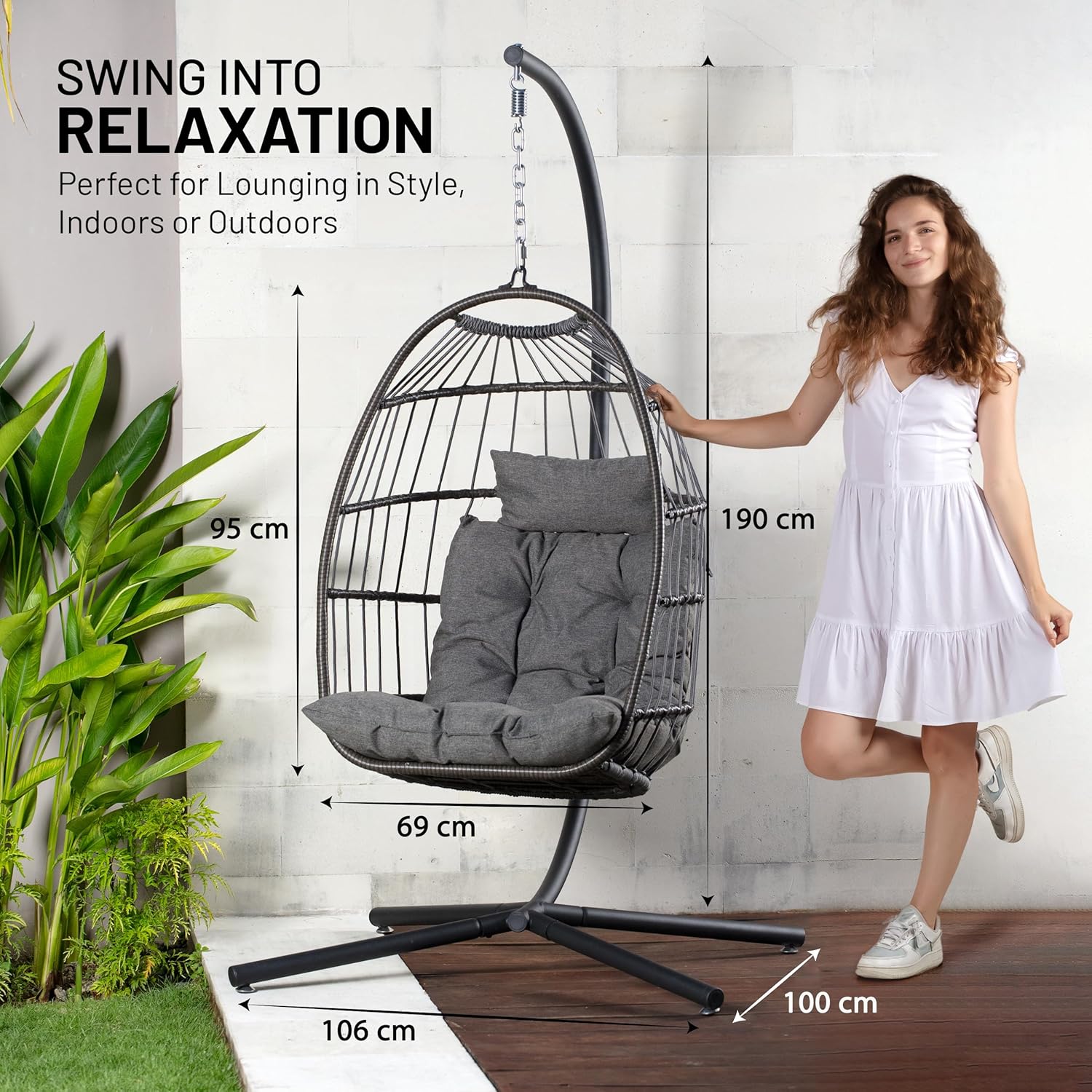 Foldable Hanging Egg Chair With Stand Cushion Deep Grey