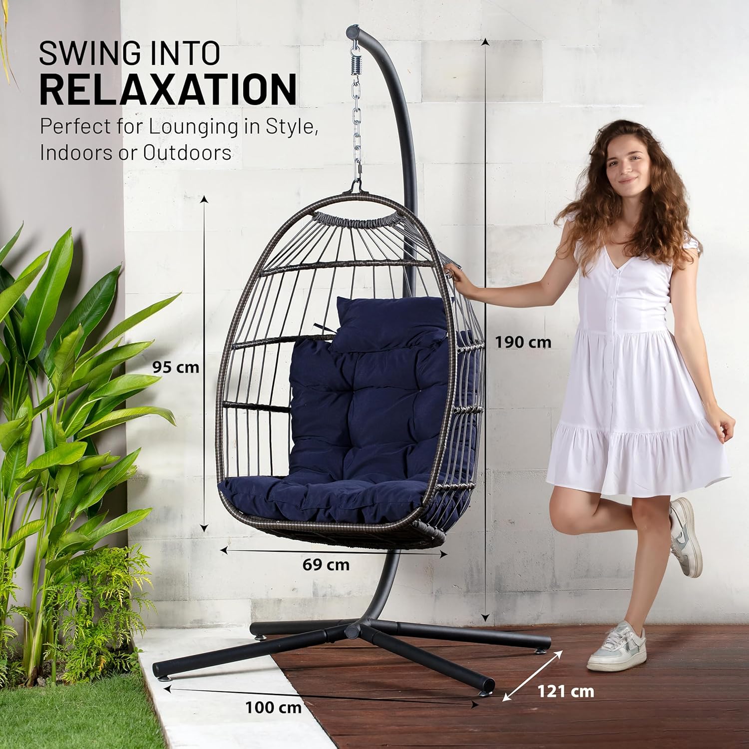 Foldable Egg Chair with Stand Rattan Hanging Swing Deep Blue