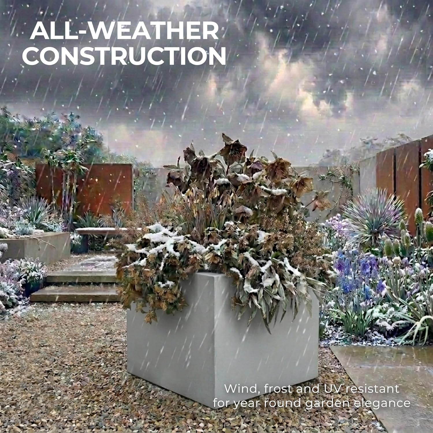 50cm Large Square Planter Grey Stone Effect Garden Tree Pot