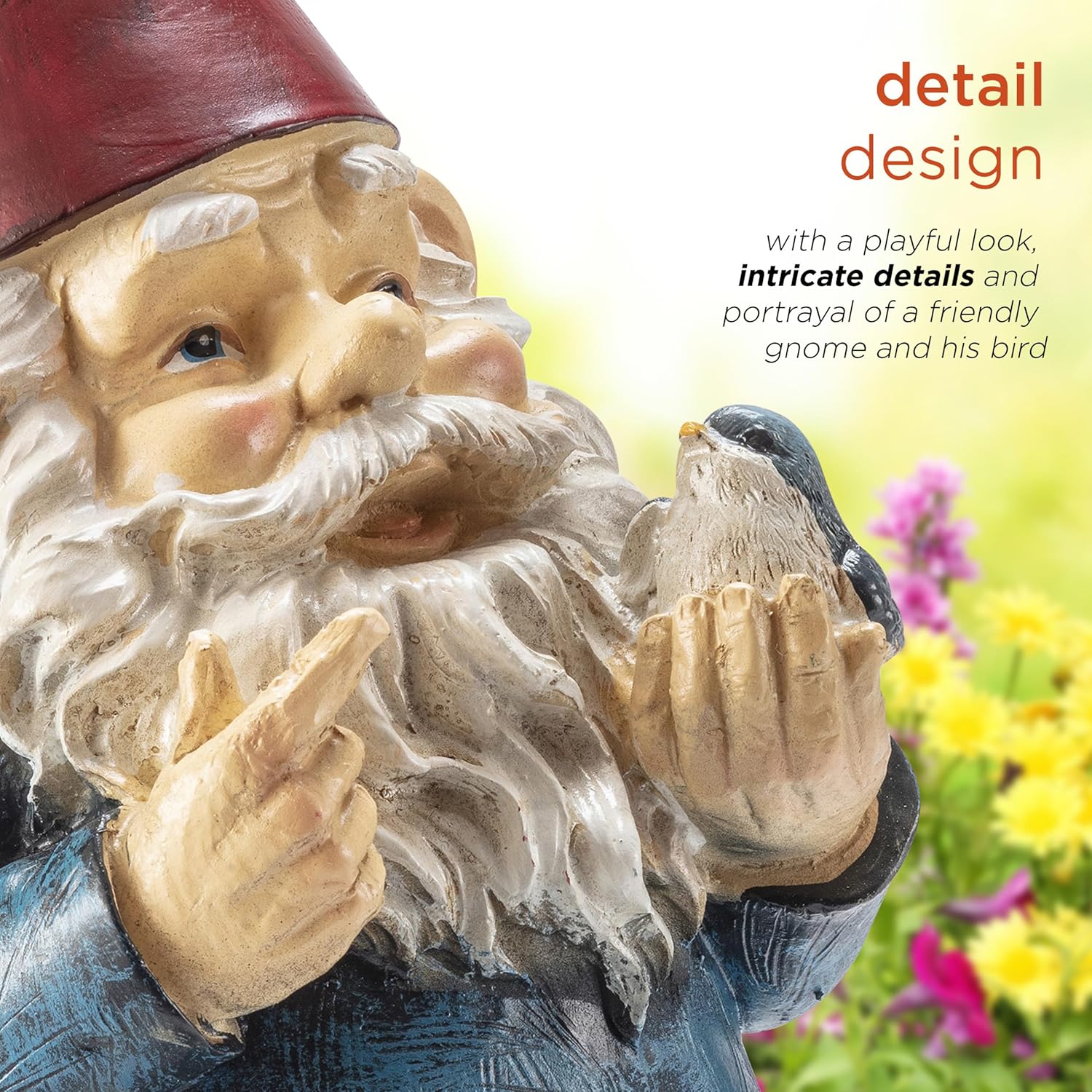Garden Gnome Statue with Bird Resin Outdoor Yard Decor 30cm