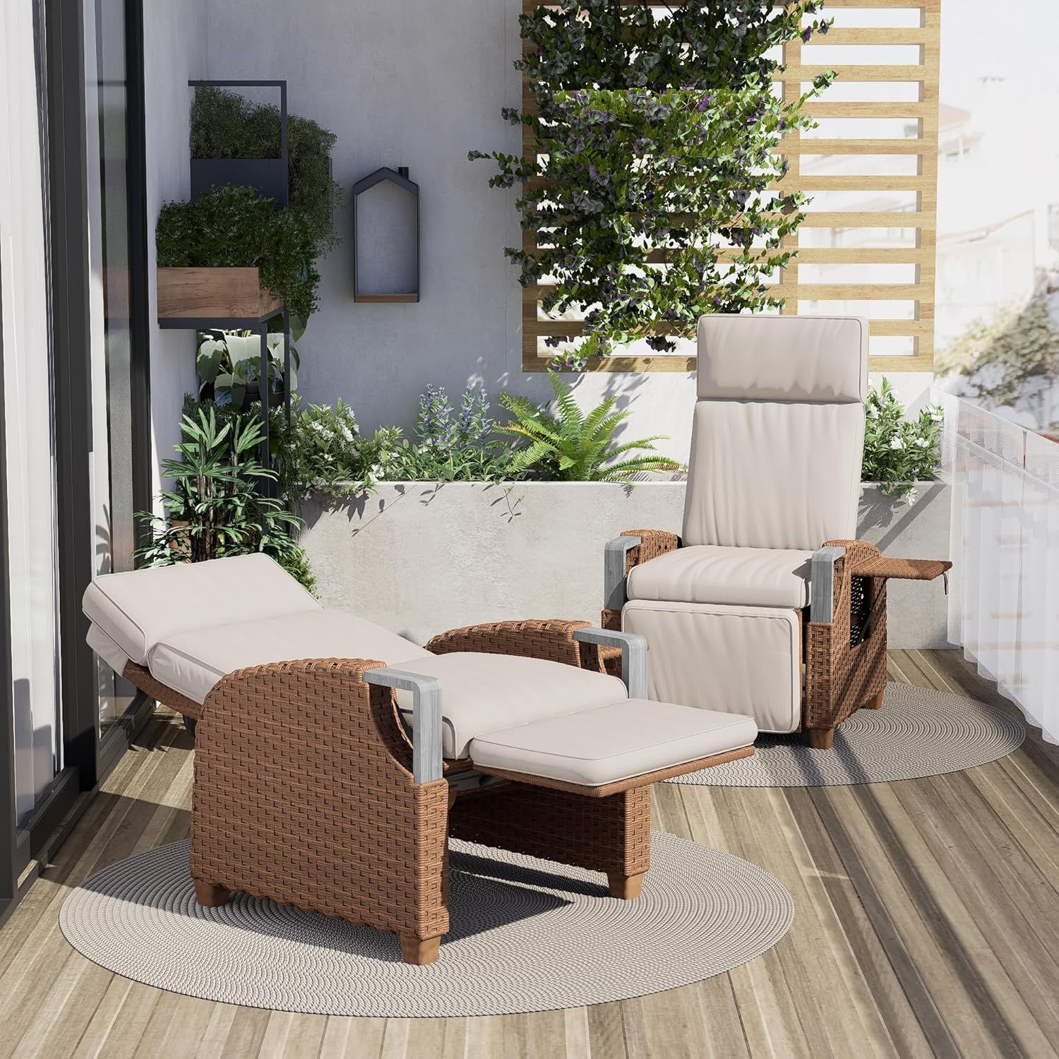 Boho Rattan Recliner Sun Lounger Chair with Flip Table