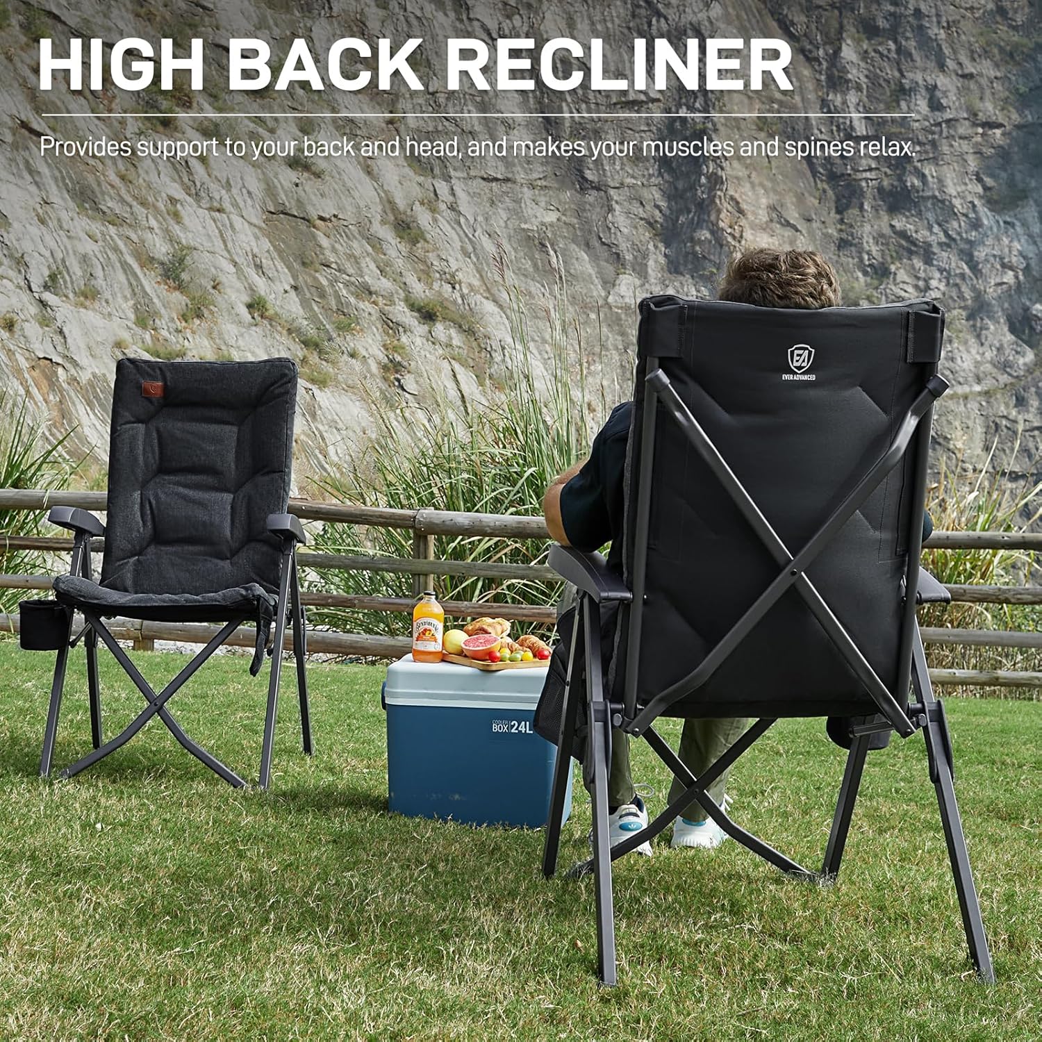 Luxury Reclining Camping Chair High Back Black 150kg