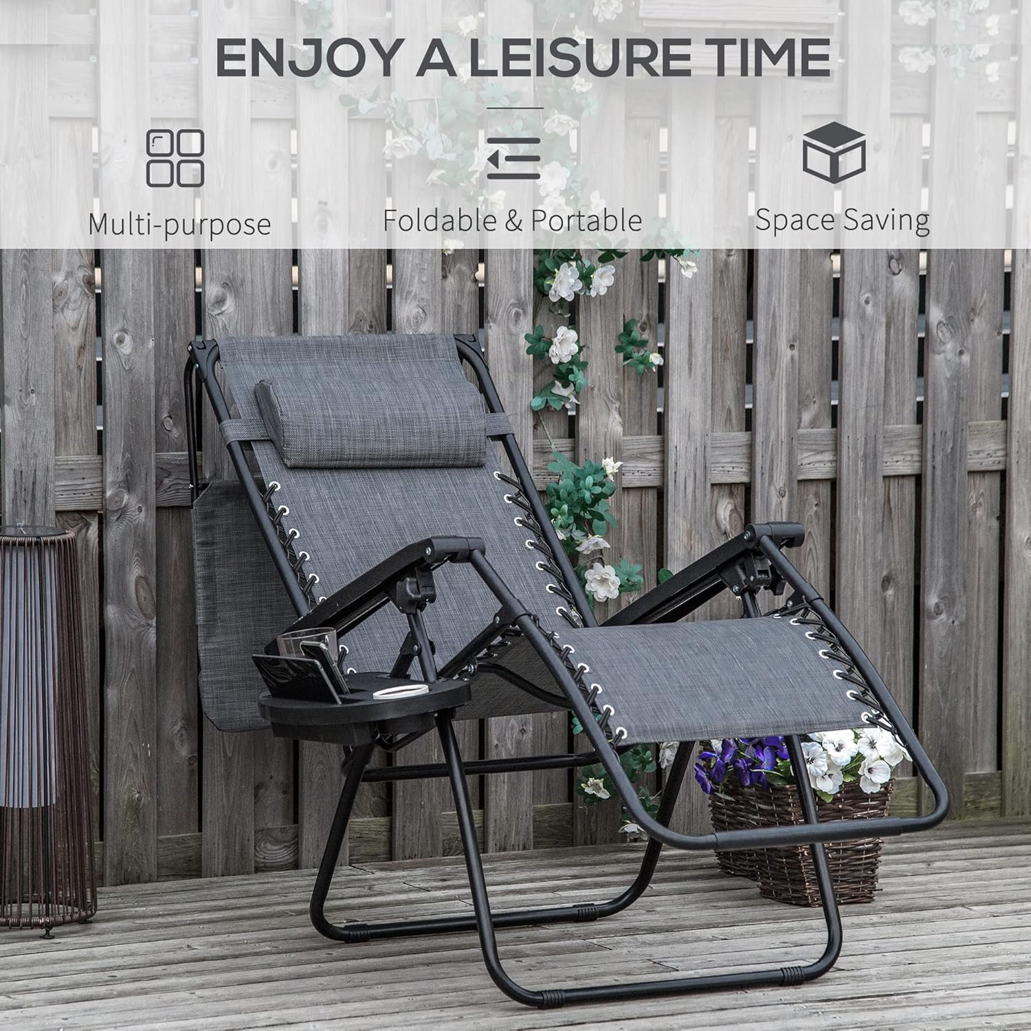 Zero Gravity Reclining Garden Chair with Canopy Cup Holder Grey