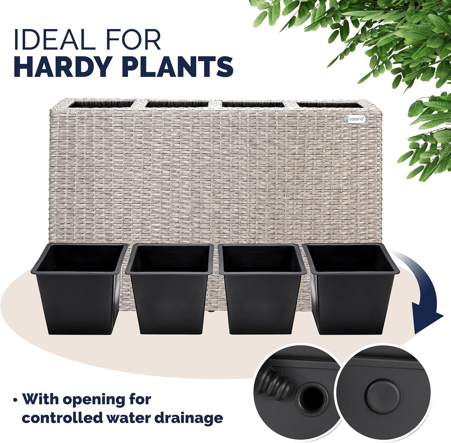 Large Tall Rattan Planter Box 95cm Cream with 4 Inner Pots