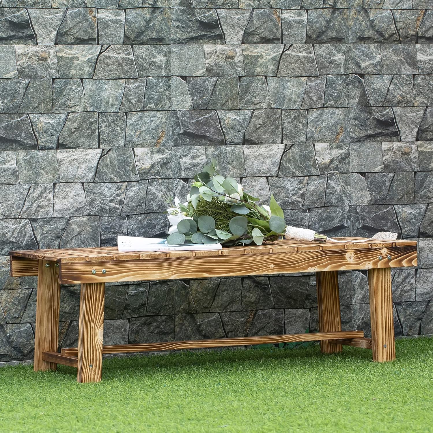 Backless Wooden Garden Bench 2 Seater Fir Wood Patio Seat
