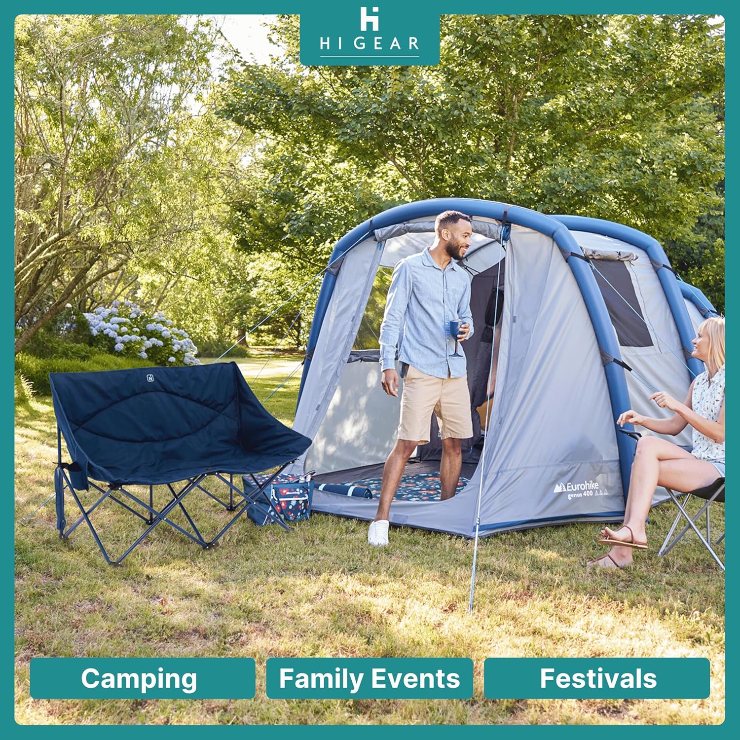 Double Quilted Camping Chair for 2 Folding Blue Seat
