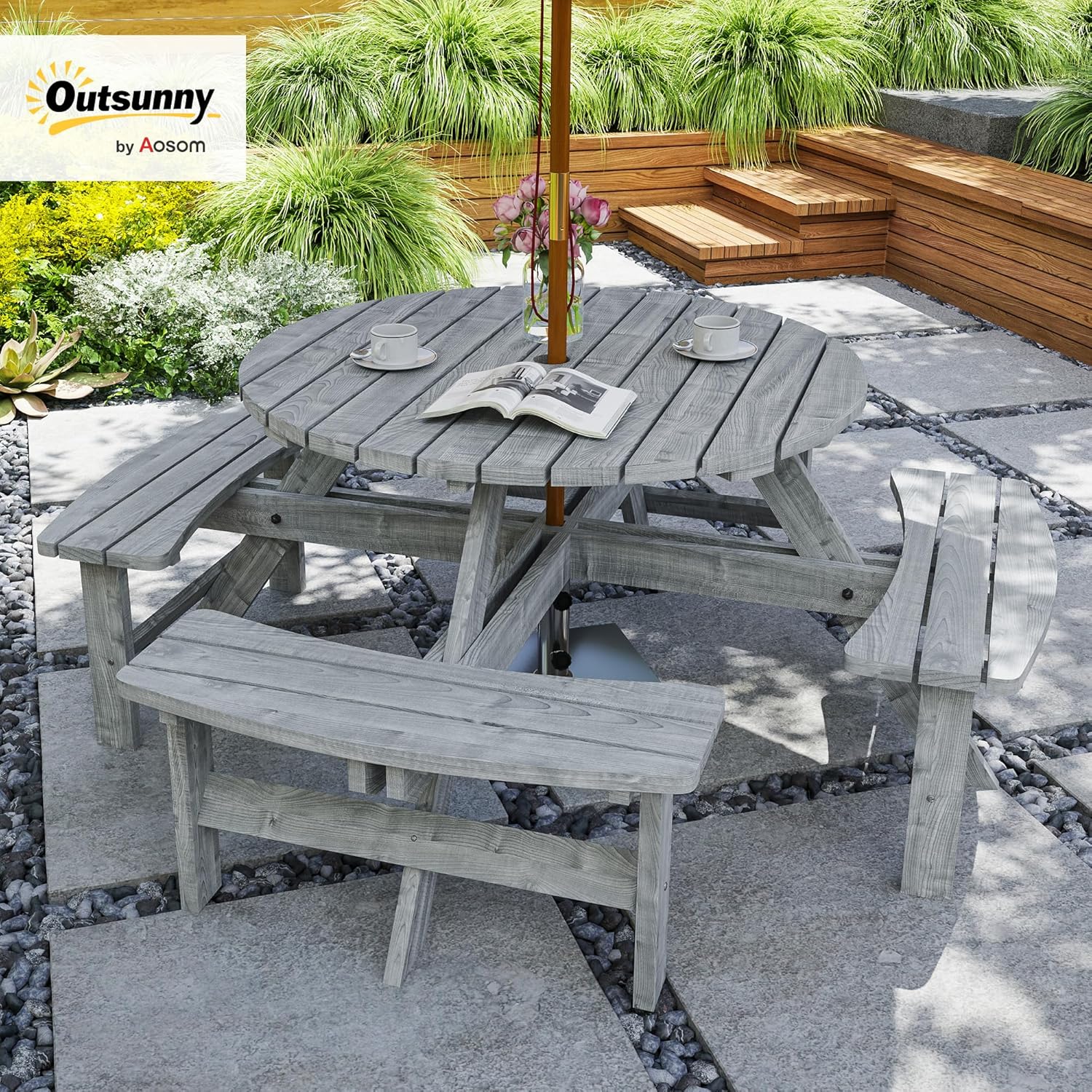 8 Seater Round Wooden Picnic Table Bench Set Patio w/Parasol Hole
