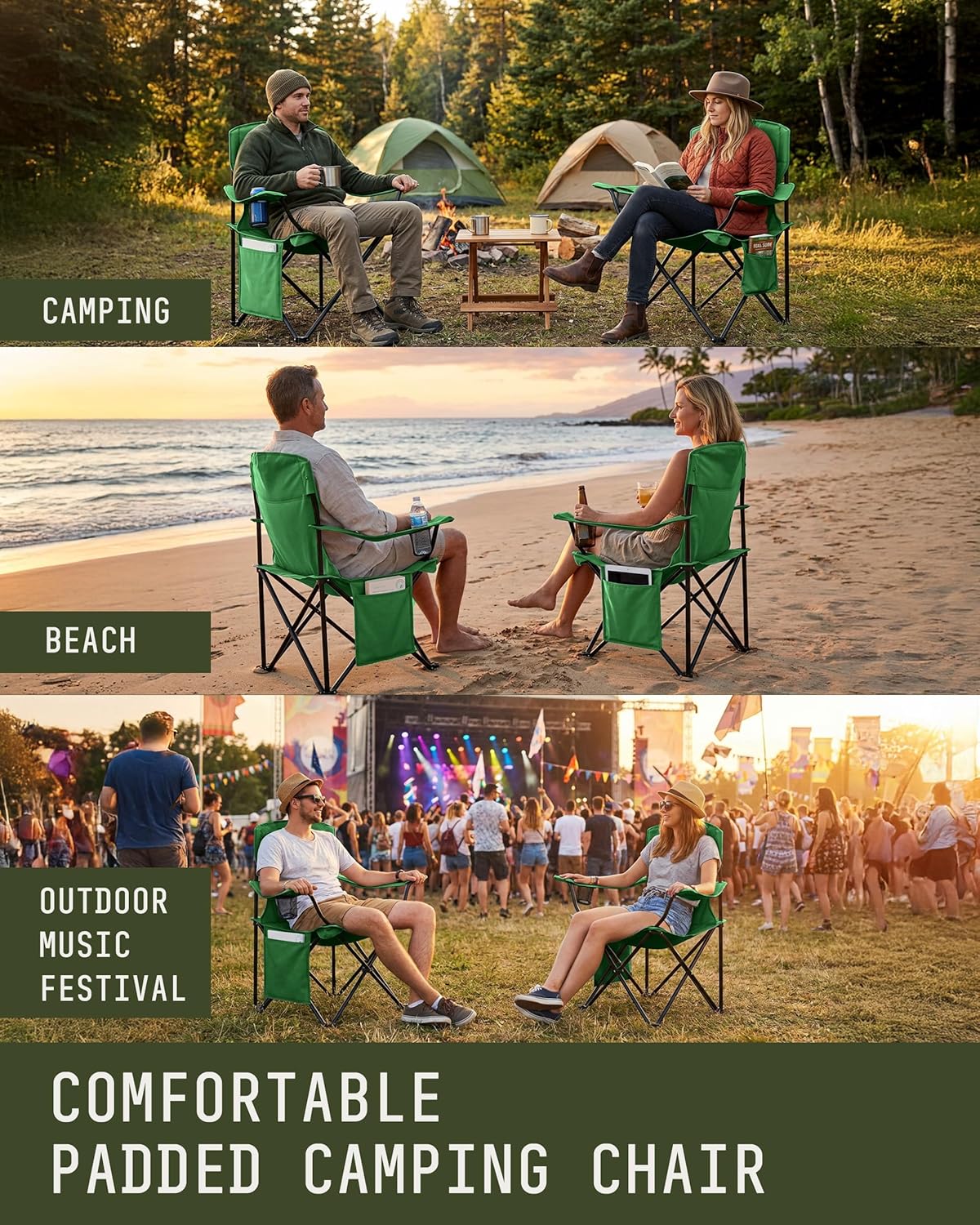 Folding Camping Chair 2 Pack Pocket Cup Holder Green