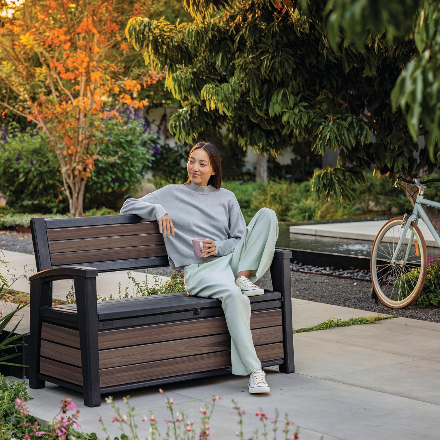 227L Outdoor Garden Storage Bench Wood Look Resin Patio Seat